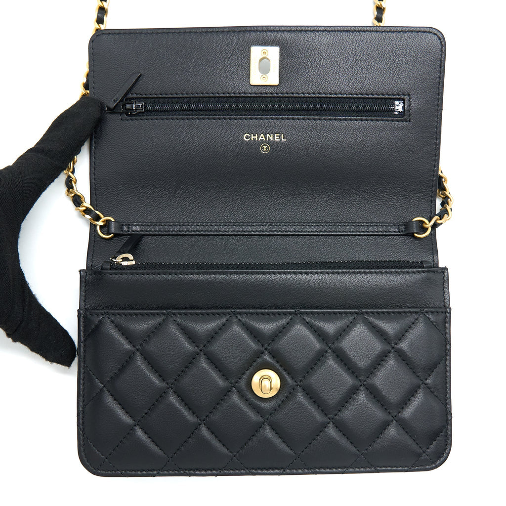 CHANEL PEARL CRUSH WALLET ON CHAIN LAMBSKIN BLACK GHW (MICROCHIP)