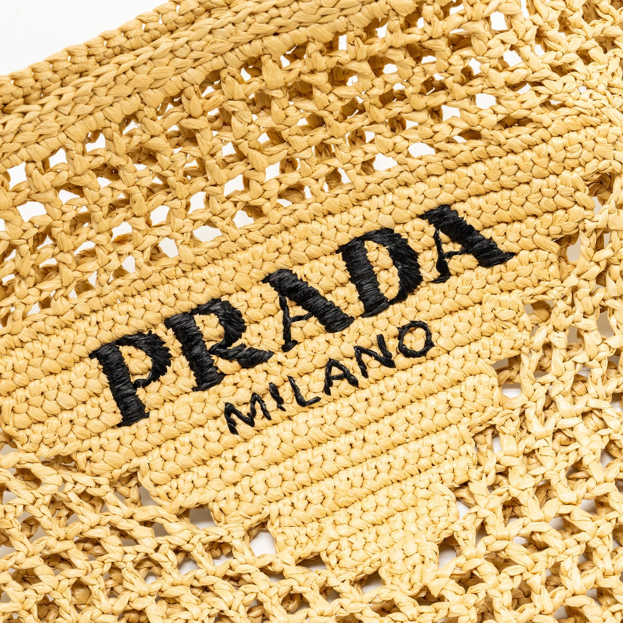 PRADA CROCHET TOTE BAG RAFFIA TAN