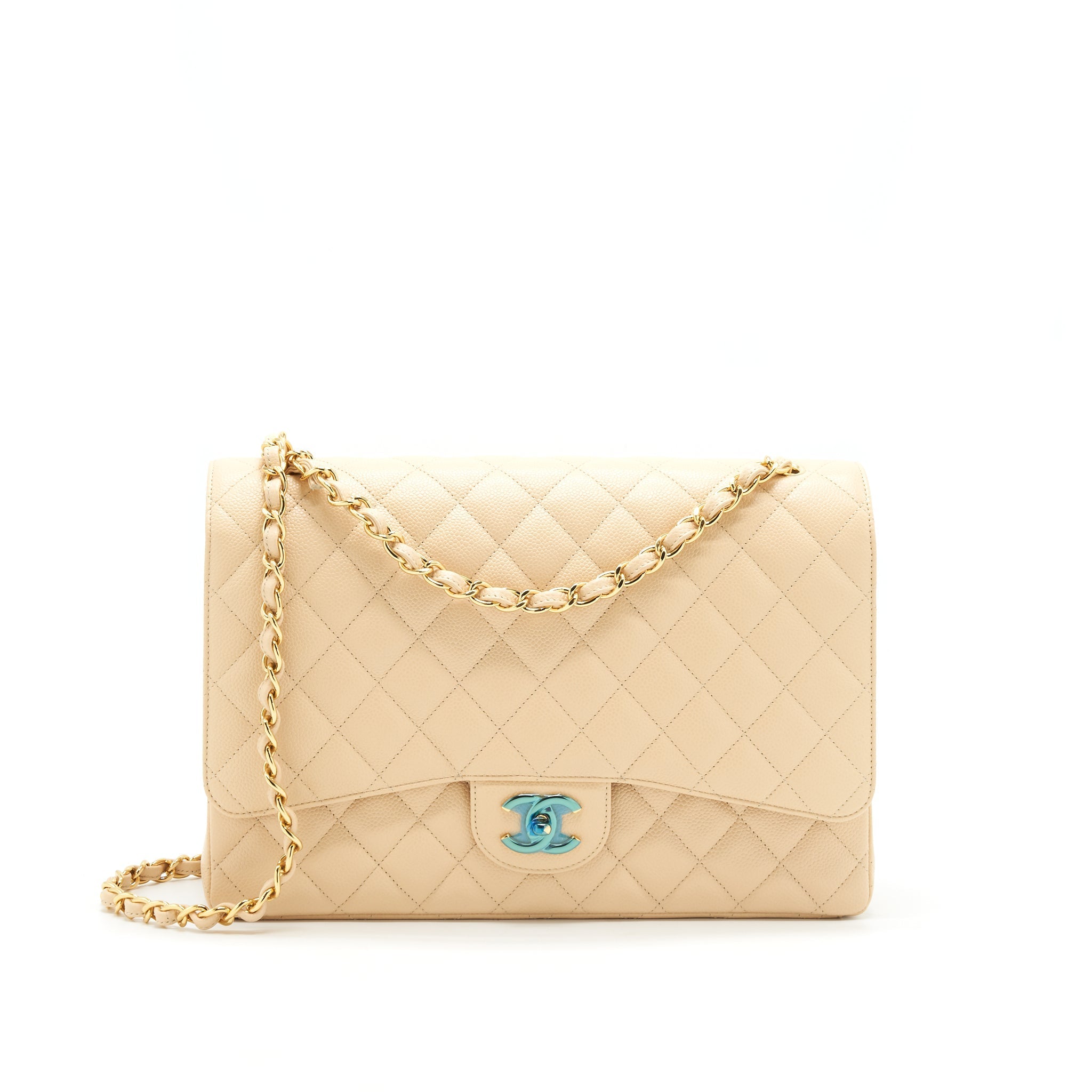 CHANEL MAXI CLASSIC DOUBLE FLAP BAG CAVIAR BEIGE GHW