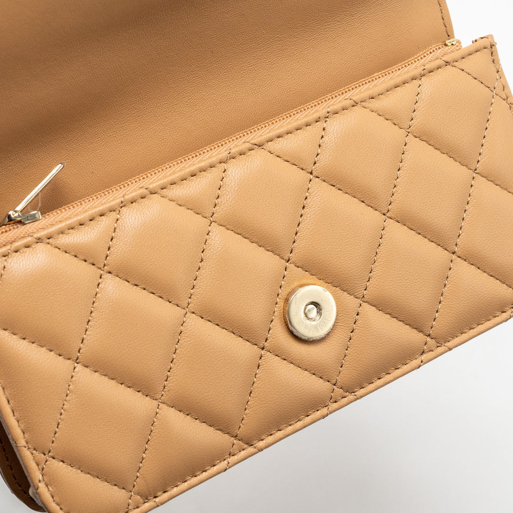 CHANEL TOP HANDLE MINI FLAP CLUTCH LAMBSKIN BEIGE LGHW (MICROCHIP)