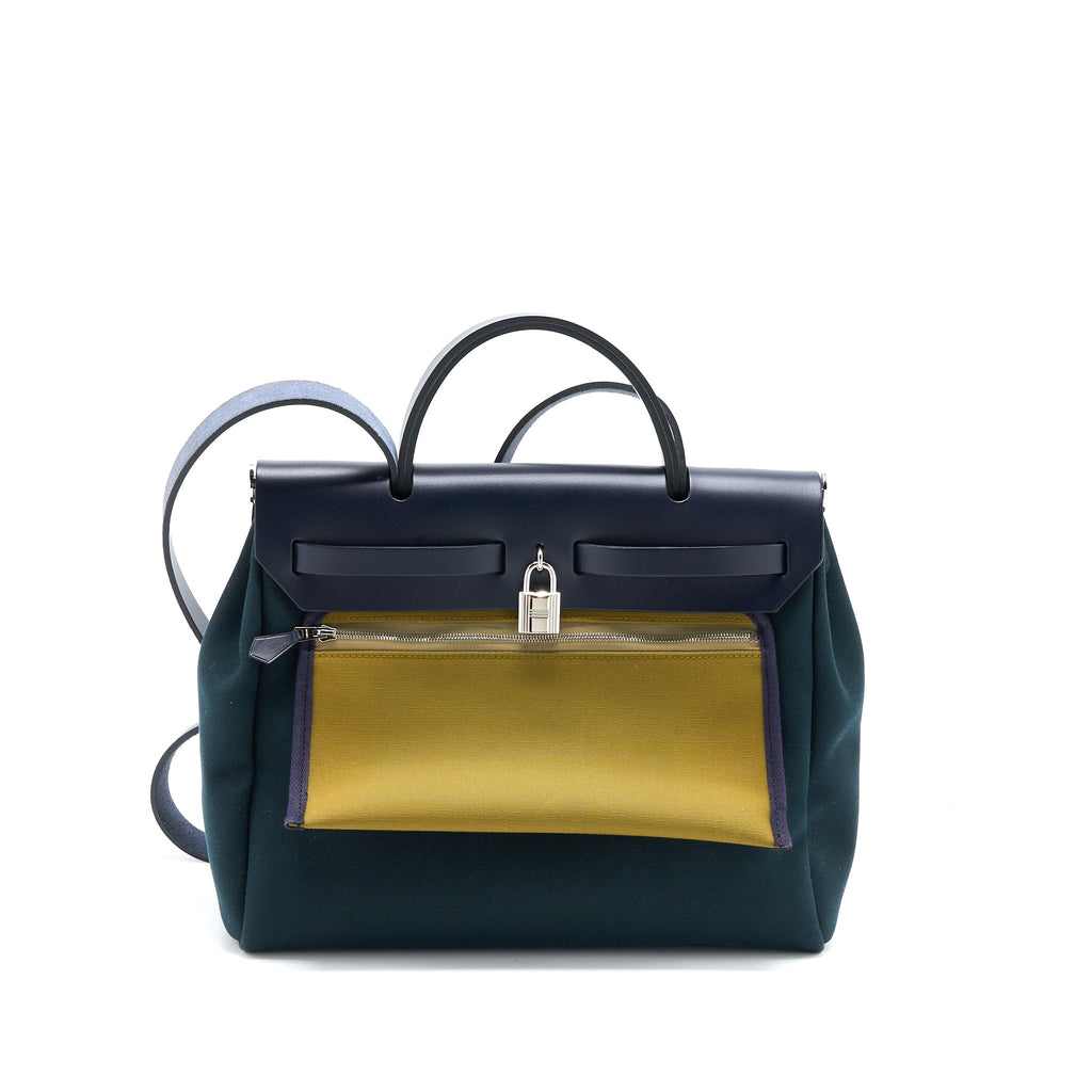 HERMES HERBAG 31 ZIP BAG CANVAS/ HUNTER LEATHER VERT CYPRES-VT OLIVE/ BLUE INDIGO SHW