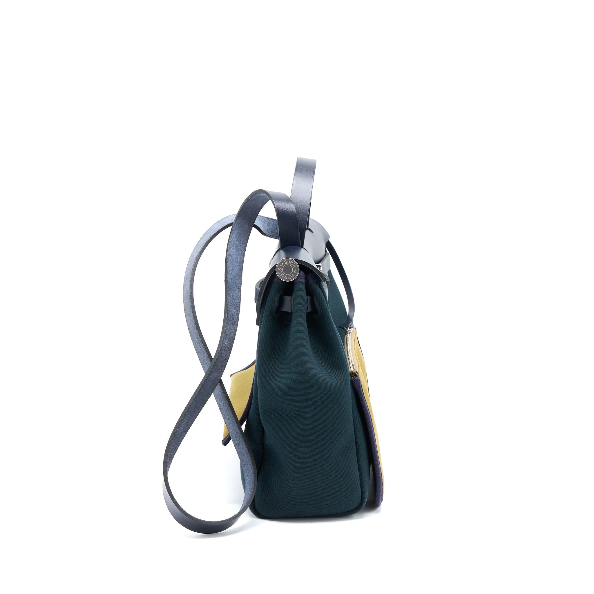 HERMES HERBAG 31 ZIP BAG CANVAS/ HUNTER LEATHER VERT CYPRES-VT OLIVE/ BLUE INDIGO SHW