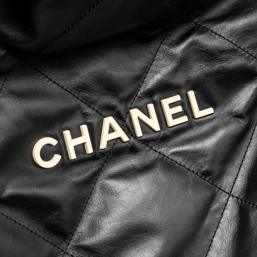 CHANEL SMALL 22 BAG WITH WHITE LETTER LOGO CALFSKIN BLACK GHW (MICROCHIP)