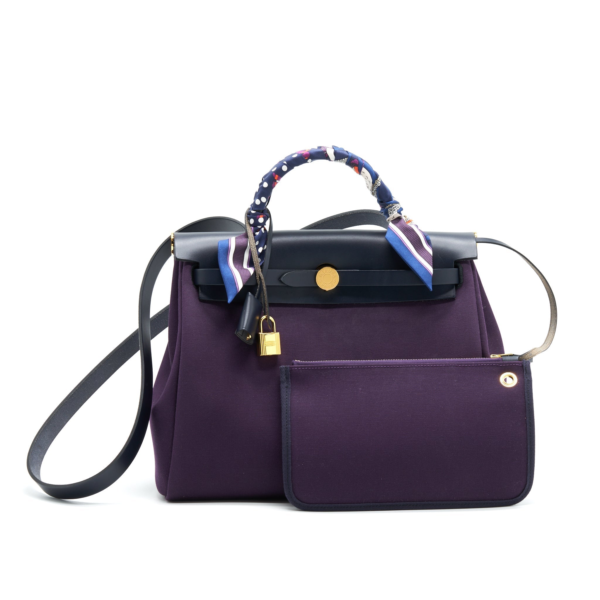 HERMES HERBAG ZIP 31 RETOURNE BAG, CASSIE/ BLEU INDIGO WITH AN EXTRA TWILLY