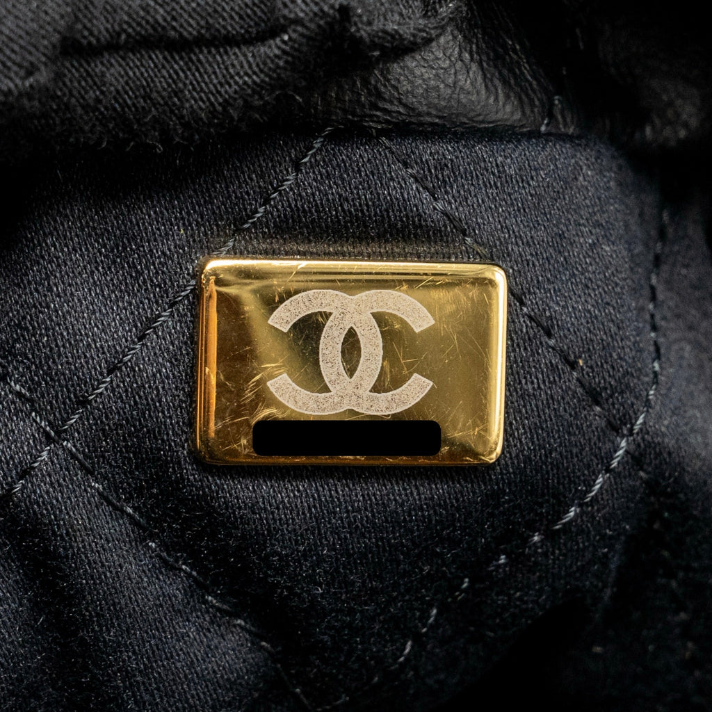 CHANEL SMALL 22 BAG WITH WHITE LETTER LOGO CALFSKIN BLACK GHW (MICROCHIP)