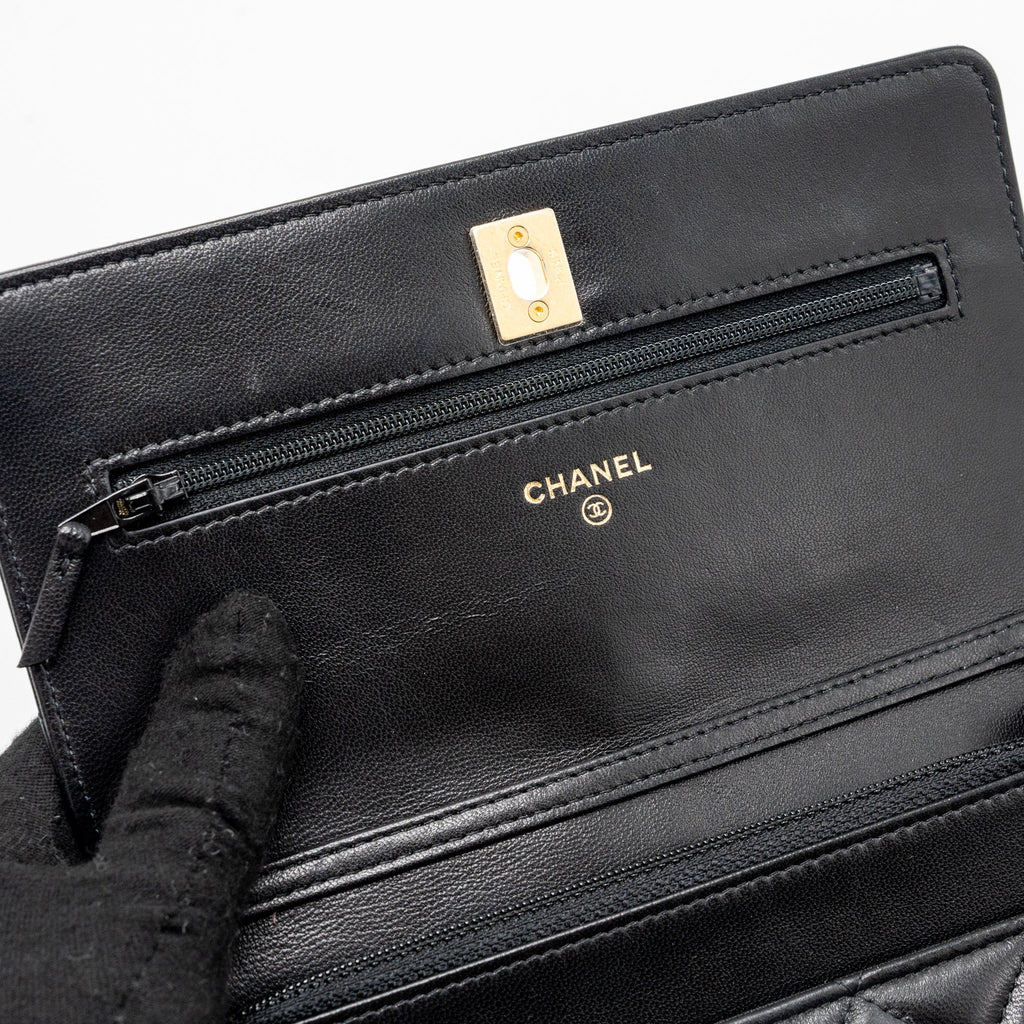 CHANEL PEARL CRUSH WALLET ON CHAIN LAMBSKIN BLACK GHW