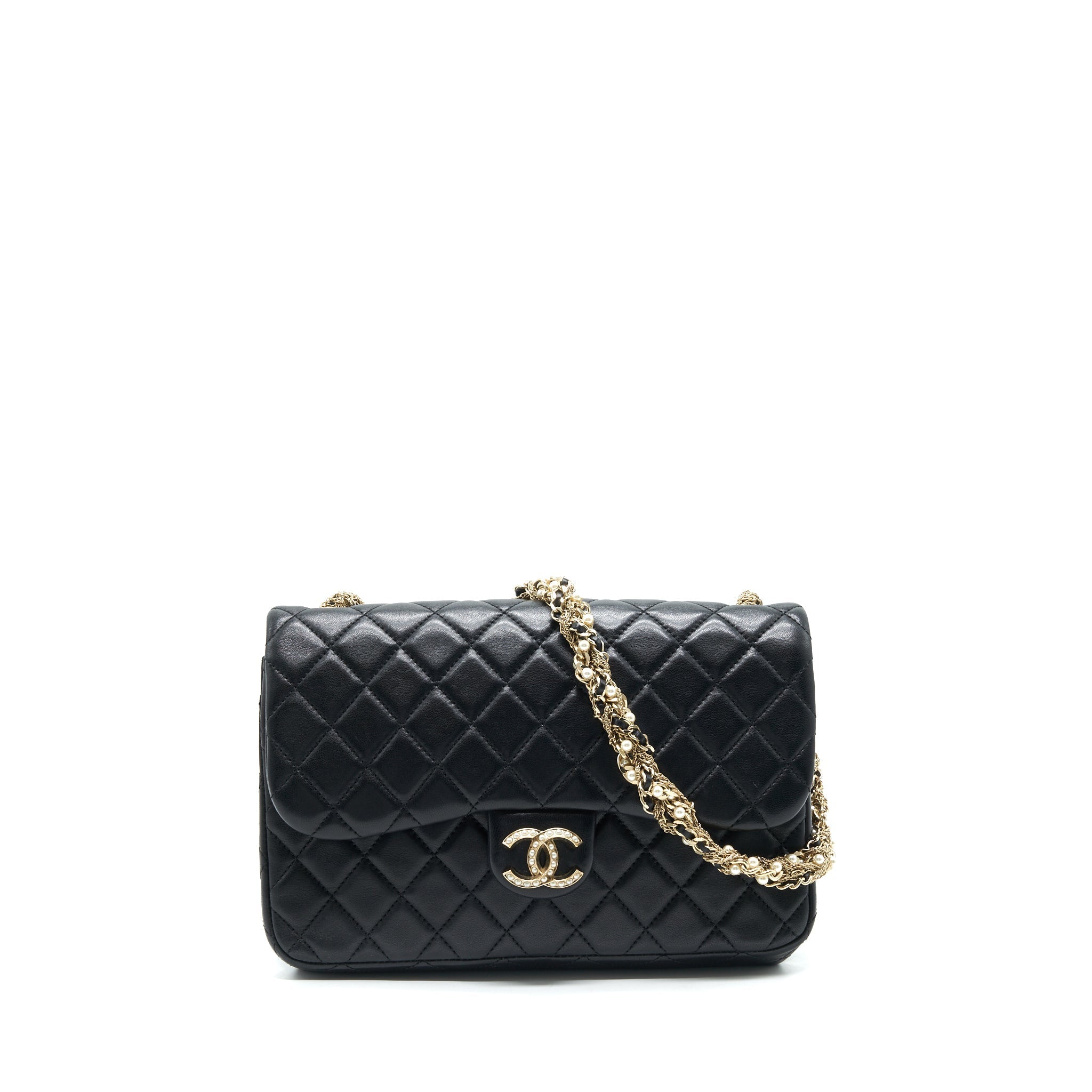 CHANEL QUILTED CC PEARL LOGO SHOULDER FLAP BAG WITH CHAIN