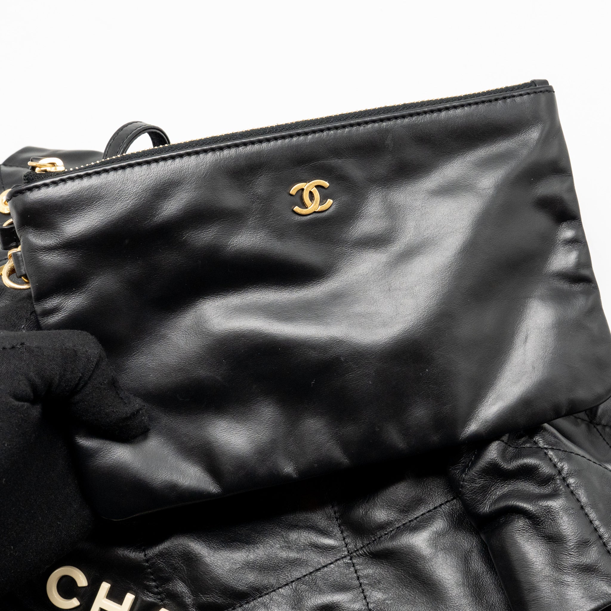 CHANEL SMALL 22 BAG WITH WHITE LETTER LOGO CALFSKIN BLACK GHW (MICROCHIP)