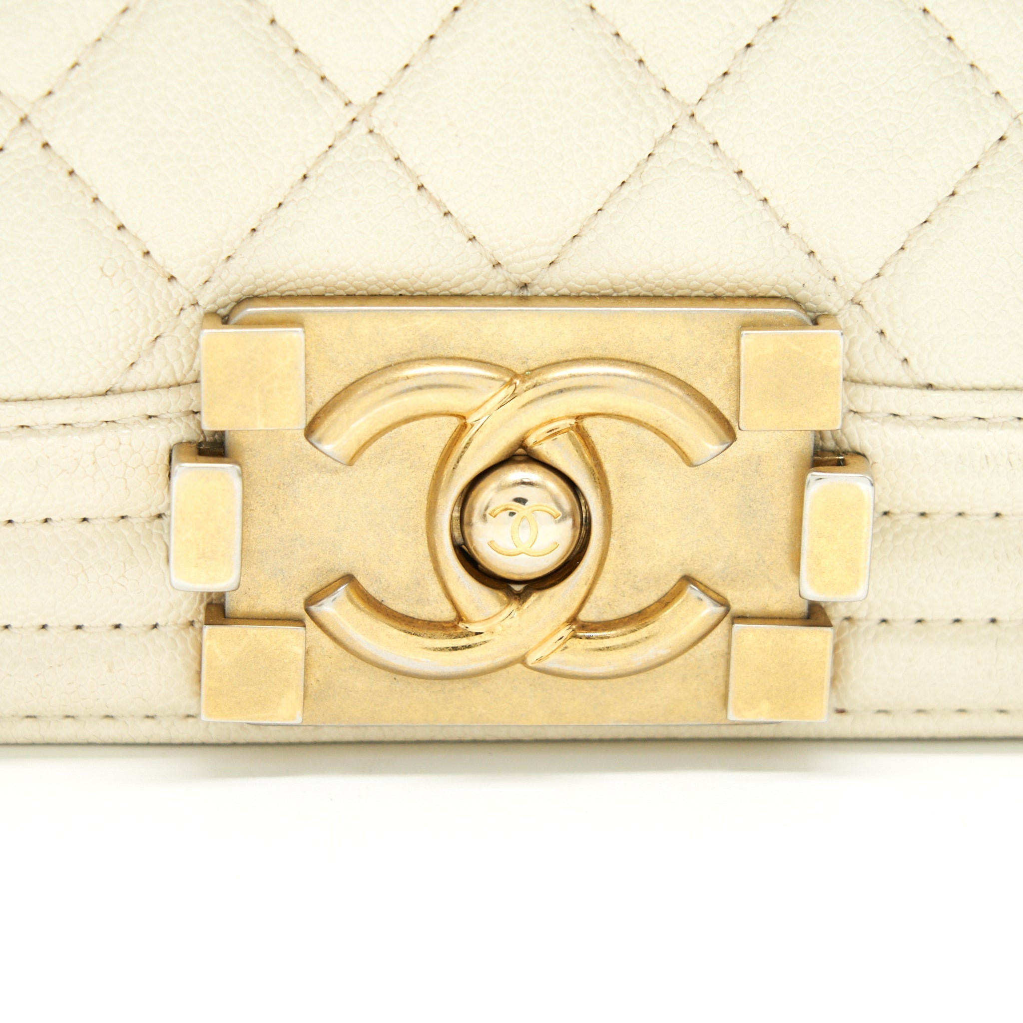 CHANEL SMALL BOY BAG CAVIAR LEATHER GHW IN WHITE