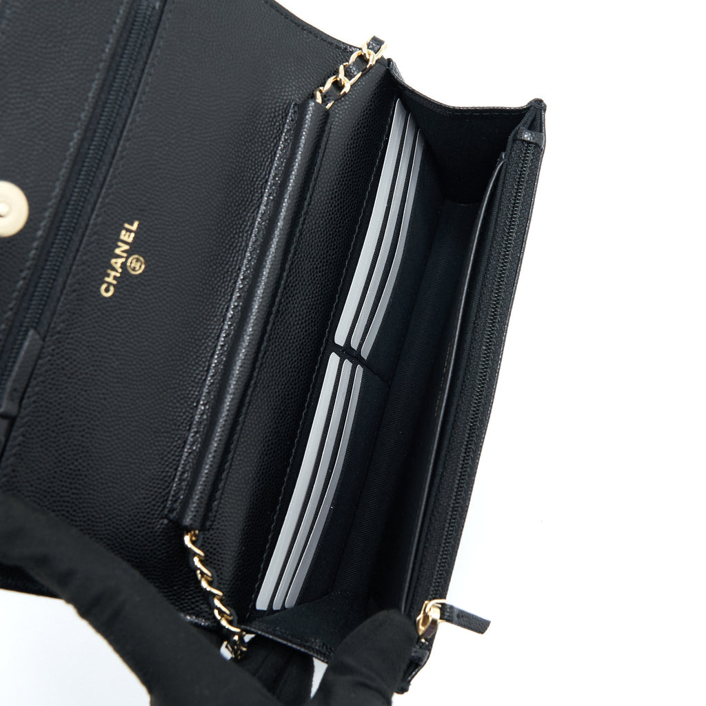 CHANEL 22S DETAILED CC LOGO WALLET ON CHAIN CAVIAR BLACK LGHW (MICROCHIP)