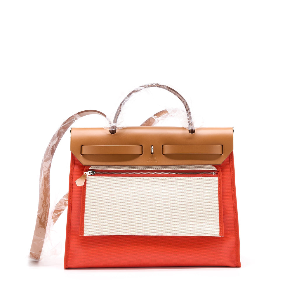 HERMES HERBAG 31 WITH BERLINE CANVAS AND HUNTER ORANGE MECANO/ECRU- BEIGE SHW