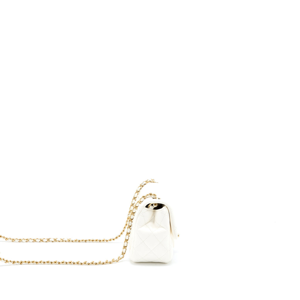 CHANEL MINI SQUARE FLAP BAG WITH DETAILED RIBBON CHAIN LAMBSKIN WHITE GHW