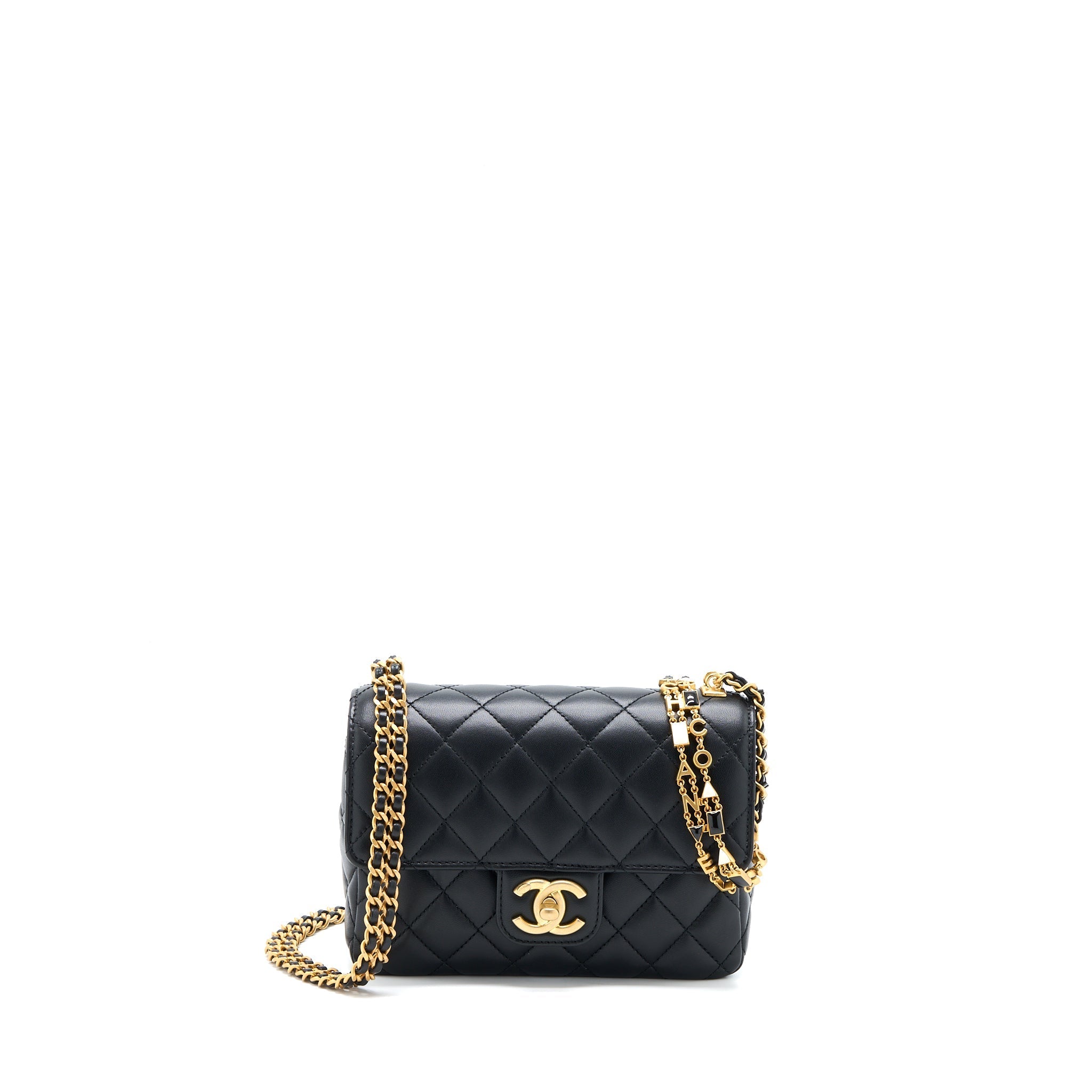 CHANEL SEASONAL FLAP BAG WITH DETAIL CHAIN LAMBSKIN BLACK BRUSHED GHW (MICROCHIP)