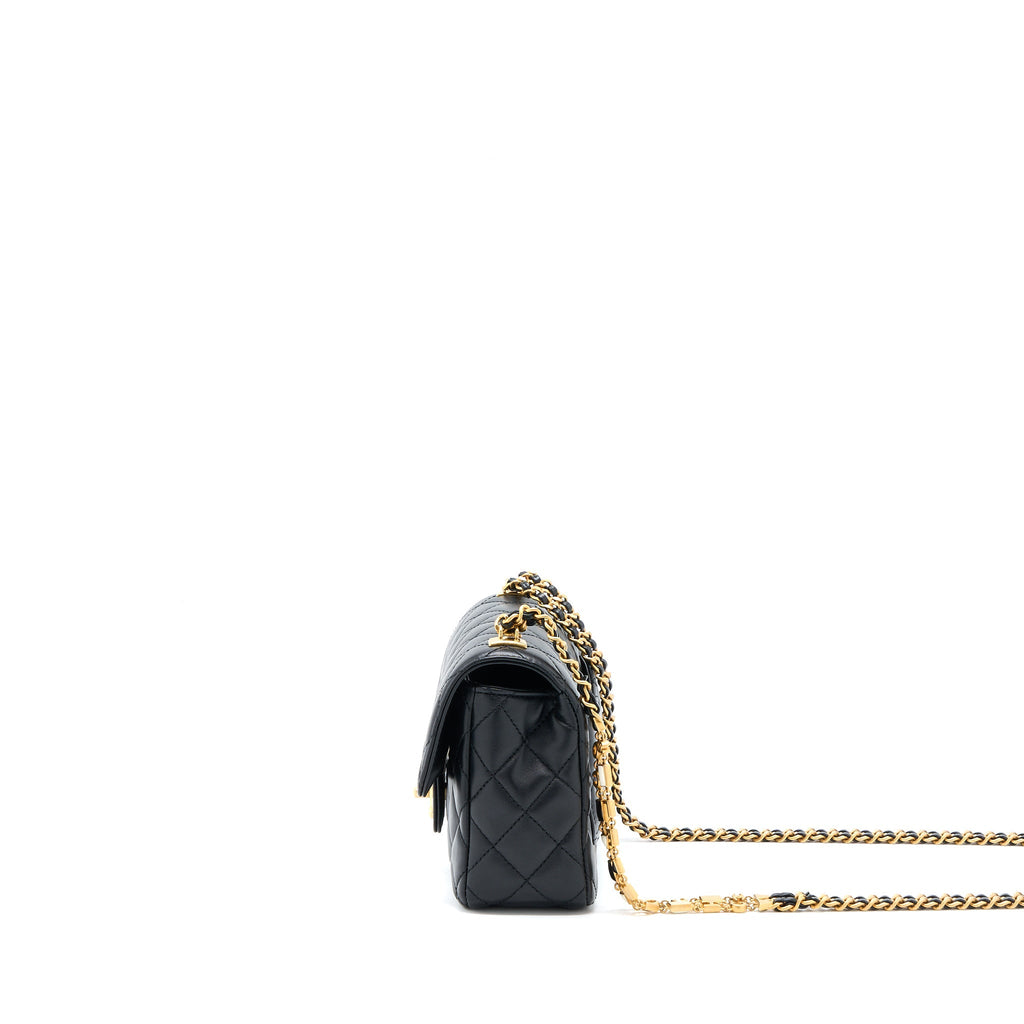 CHANEL SEASONAL FLAP BAG WITH DETAIL CHAIN LAMBSKIN BLACK BRUSHED GHW (MICROCHIP)