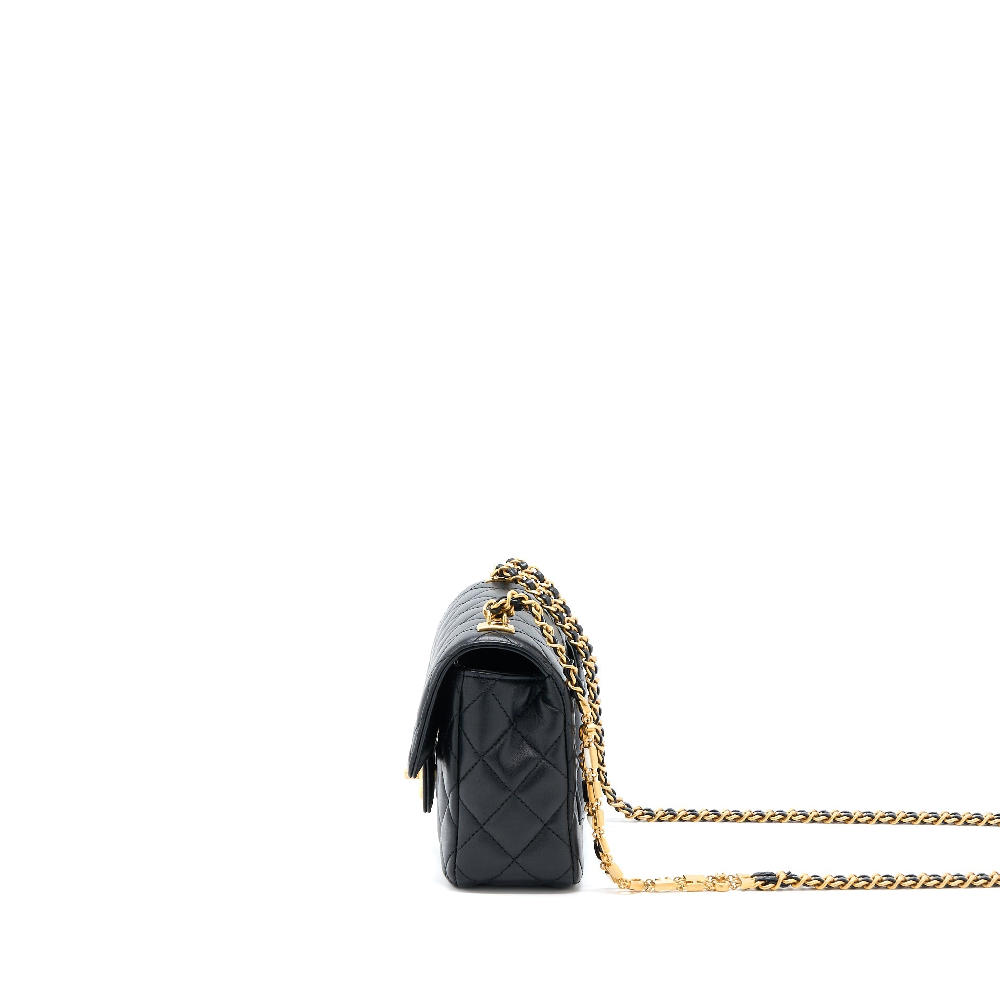 CHANEL SEASONAL FLAP BAG WITH DETAIL CHAIN LAMBSKIN BLACK BRUSHED GHW (MICROCHIP)