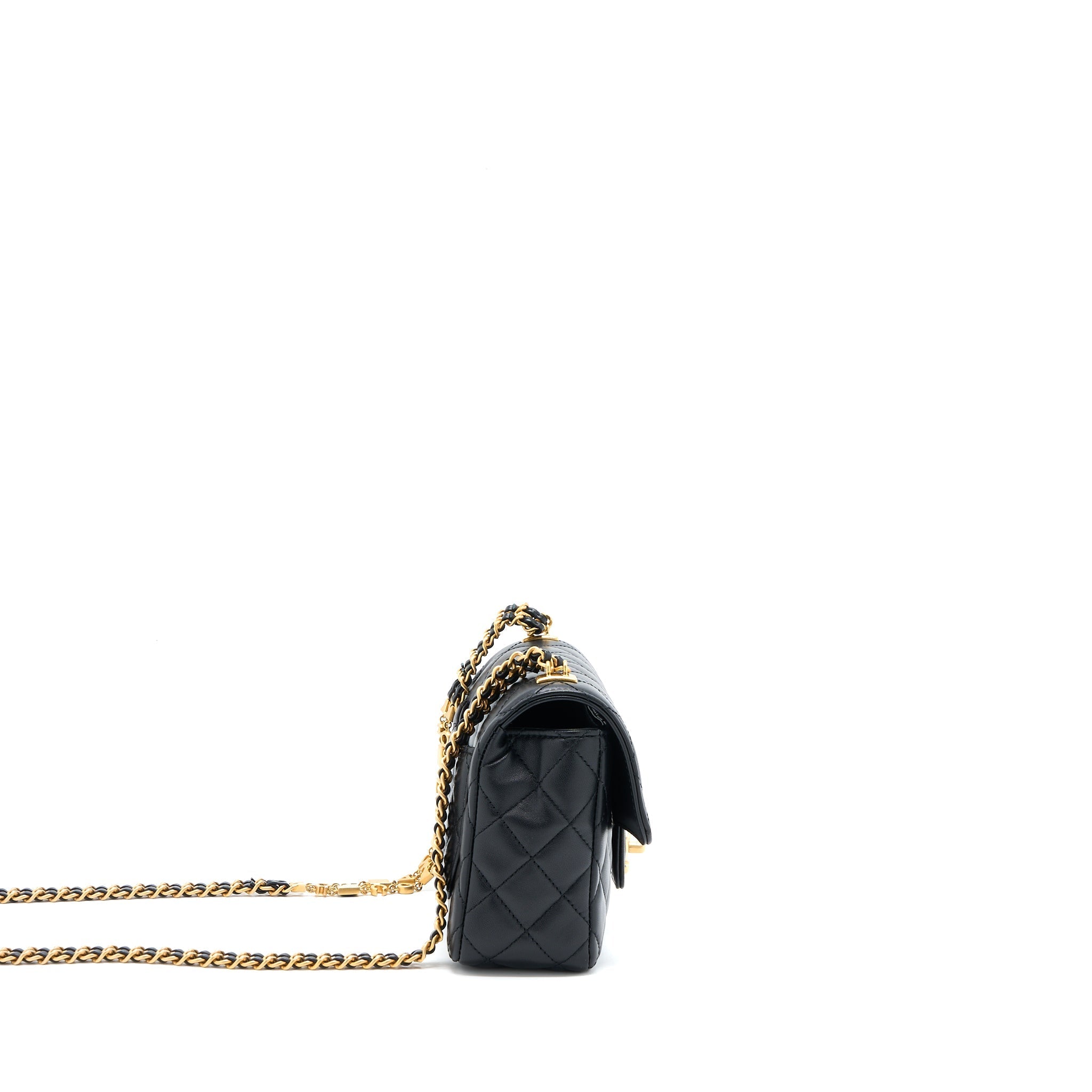 CHANEL SEASONAL FLAP BAG WITH DETAIL CHAIN LAMBSKIN BLACK BRUSHED GHW (MICROCHIP)