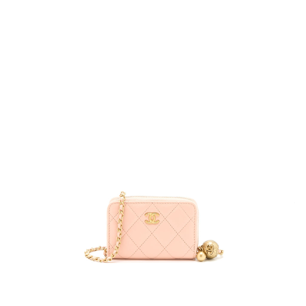 CHANEL PEARL CRUSH ZIPPY CARD HOLDER LAMBSKIN LIGHT PINK BRUSHED GHW