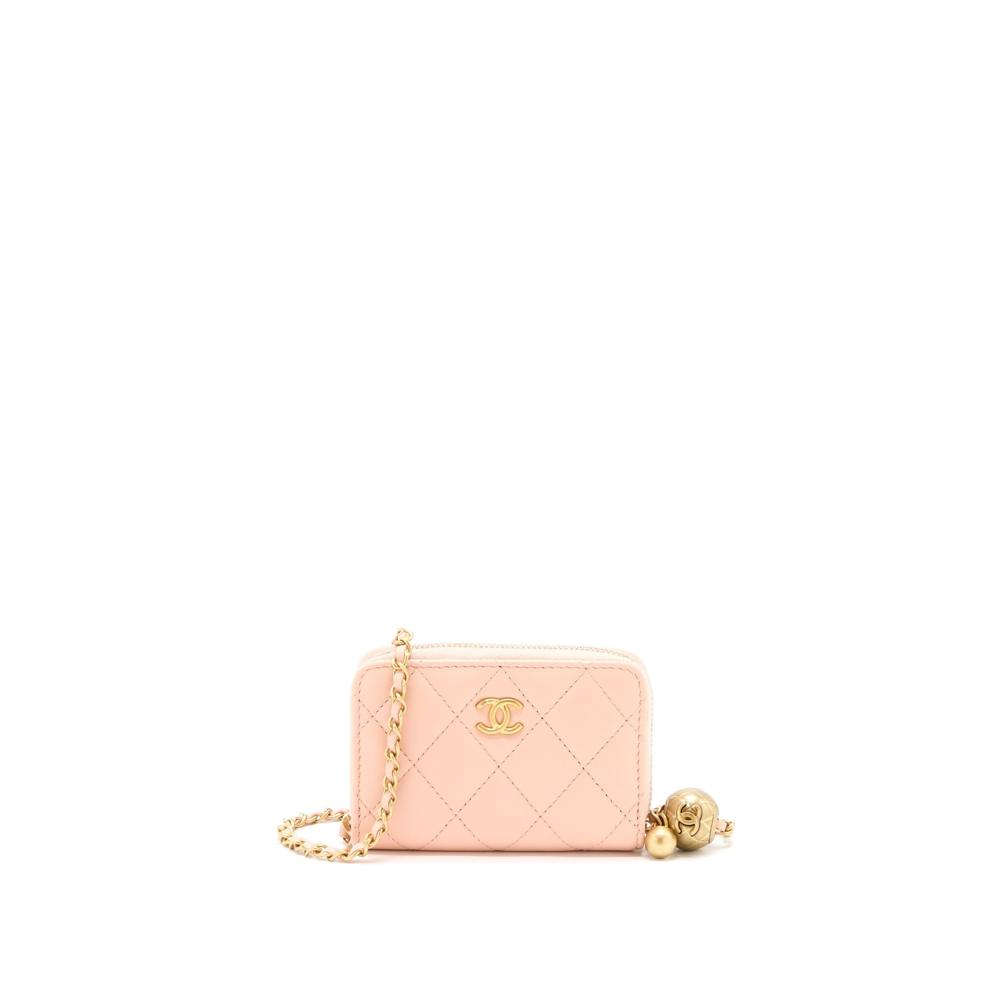 CHANEL PEARL CRUSH ZIPPY CARD HOLDER LAMBSKIN LIGHT PINK BRUSHED GHW