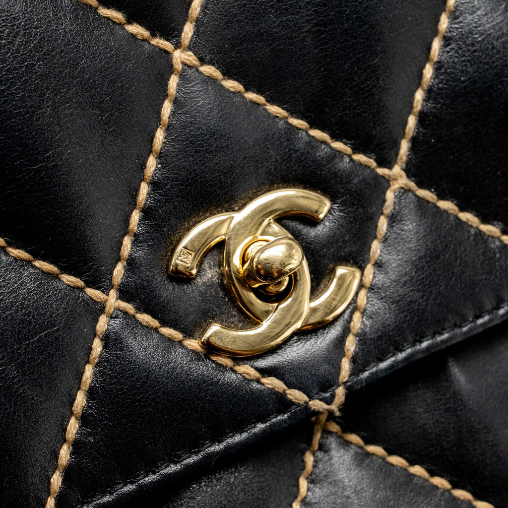 CHANEL VINTAGE QUILTED FLAP BAG LAMBSKIN BLACK WITH WHITE STITCHING GHW