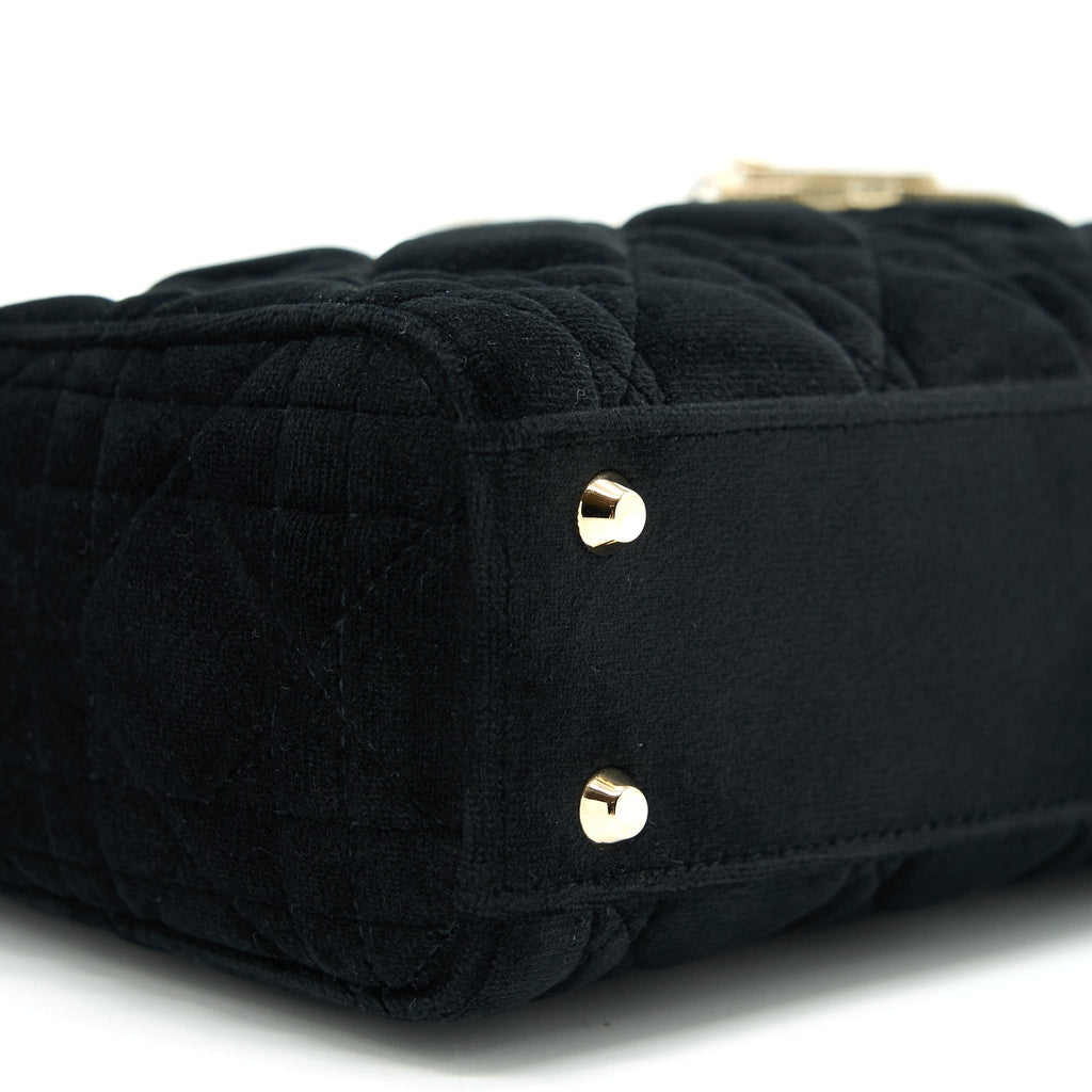 CHRISTIAN DIOR MINI LADY DIOR IN VELVET BLACK WITH LIGHT GOLD HARDWARE AND WHITE CRYSTAL