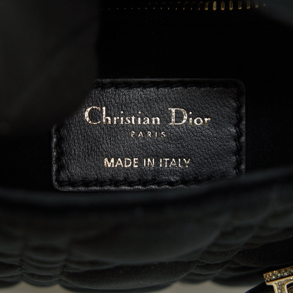 CHRISTIAN DIOR MINI LADY DIOR IN VELVET BLACK WITH LIGHT GOLD HARDWARE AND WHITE CRYSTAL