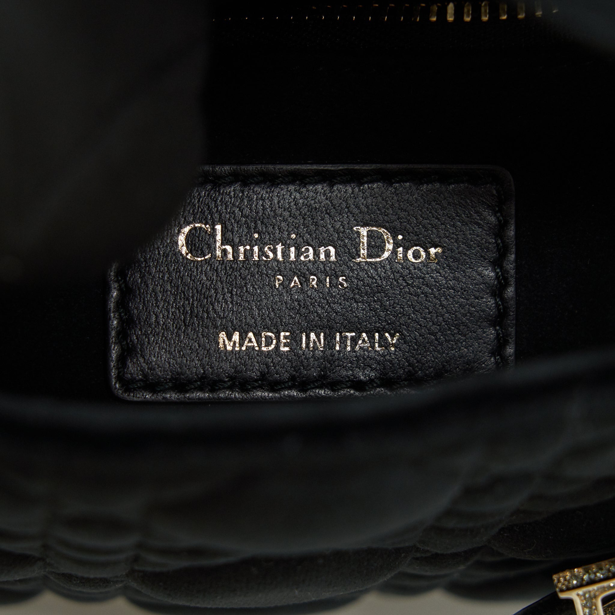 CHRISTIAN DIOR MINI LADY DIOR IN VELVET BLACK WITH LIGHT GOLD HARDWARE AND WHITE CRYSTAL