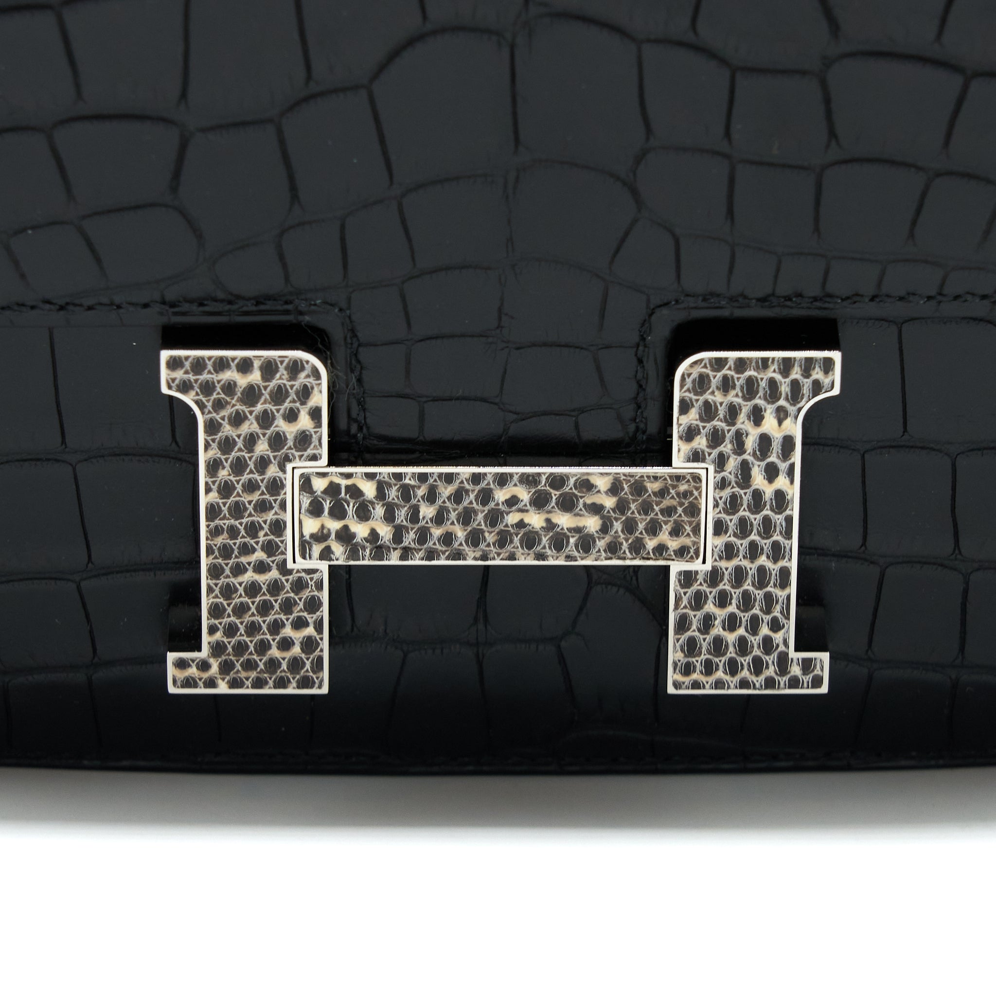 HERMES MINI CONSTANCE MAT ALLIGATOR MISSISSIPPIANS BLACK WITH LIZARD BUCKLE SHW
