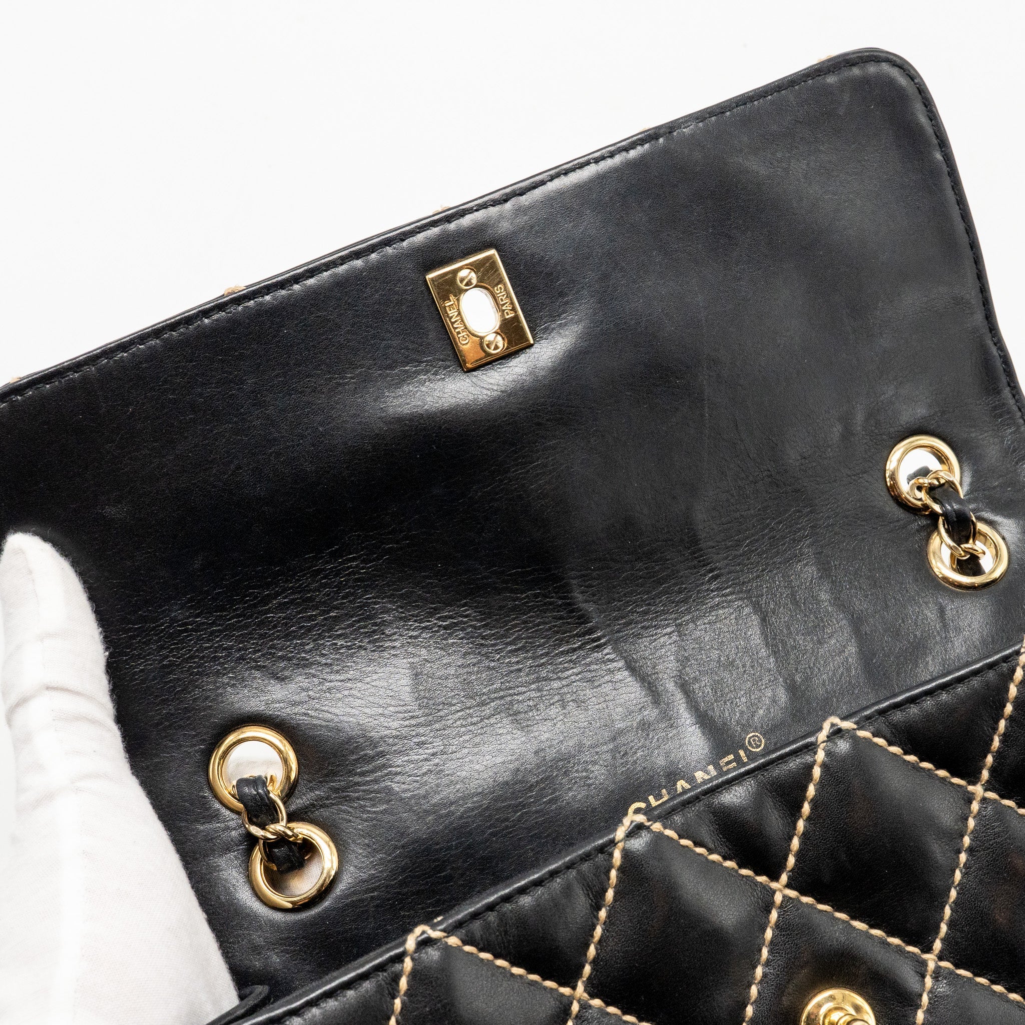 CHANEL VINTAGE QUILTED FLAP BAG LAMBSKIN BLACK WITH WHITE STITCHING GHW