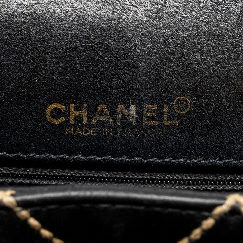 CHANEL VINTAGE QUILTED FLAP BAG LAMBSKIN BLACK WITH WHITE STITCHING GHW