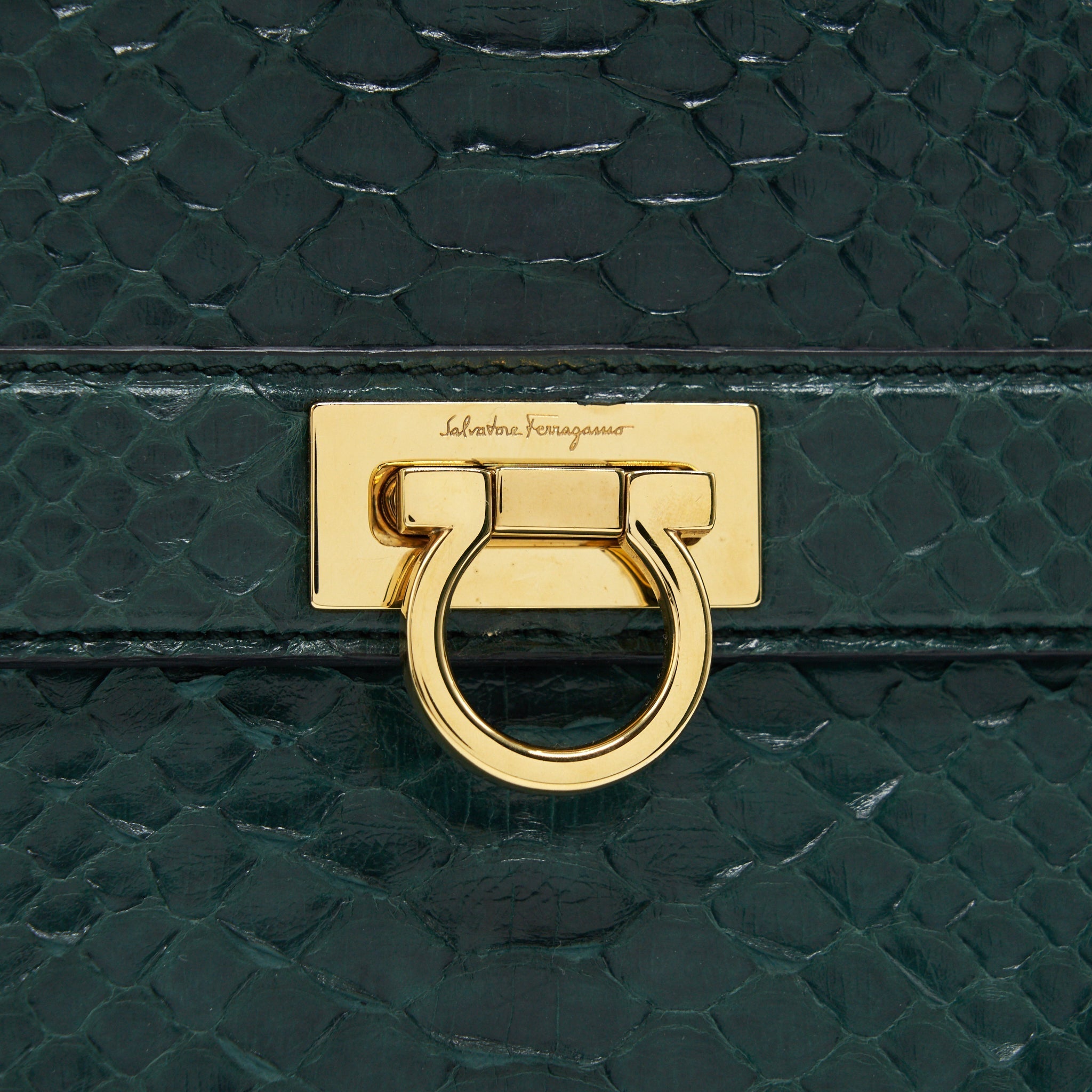 FERRAGAMO PYTHON LEATHER TOPHANDLE TOTE BAG DARK GREEN GHW