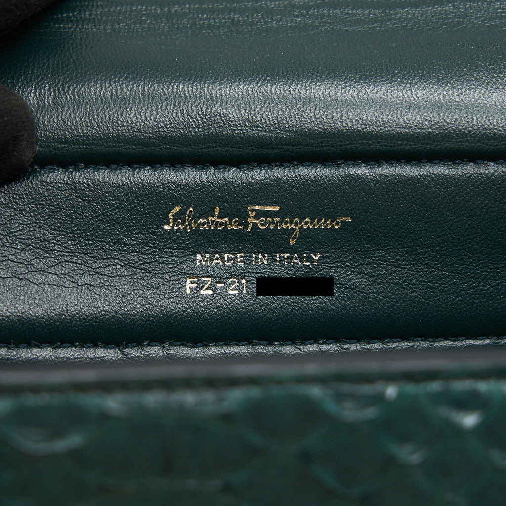 FERRAGAMO PYTHON LEATHER TOPHANDLE TOTE BAG DARK GREEN GHW