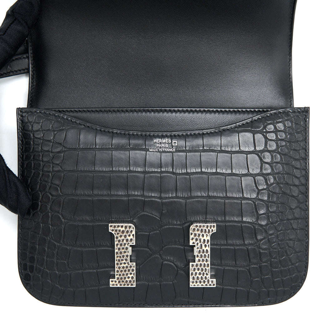 HERMES MINI CONSTANCE MAT ALLIGATOR MISSISSIPPIANS BLACK WITH LIZARD BUCKLE SHW