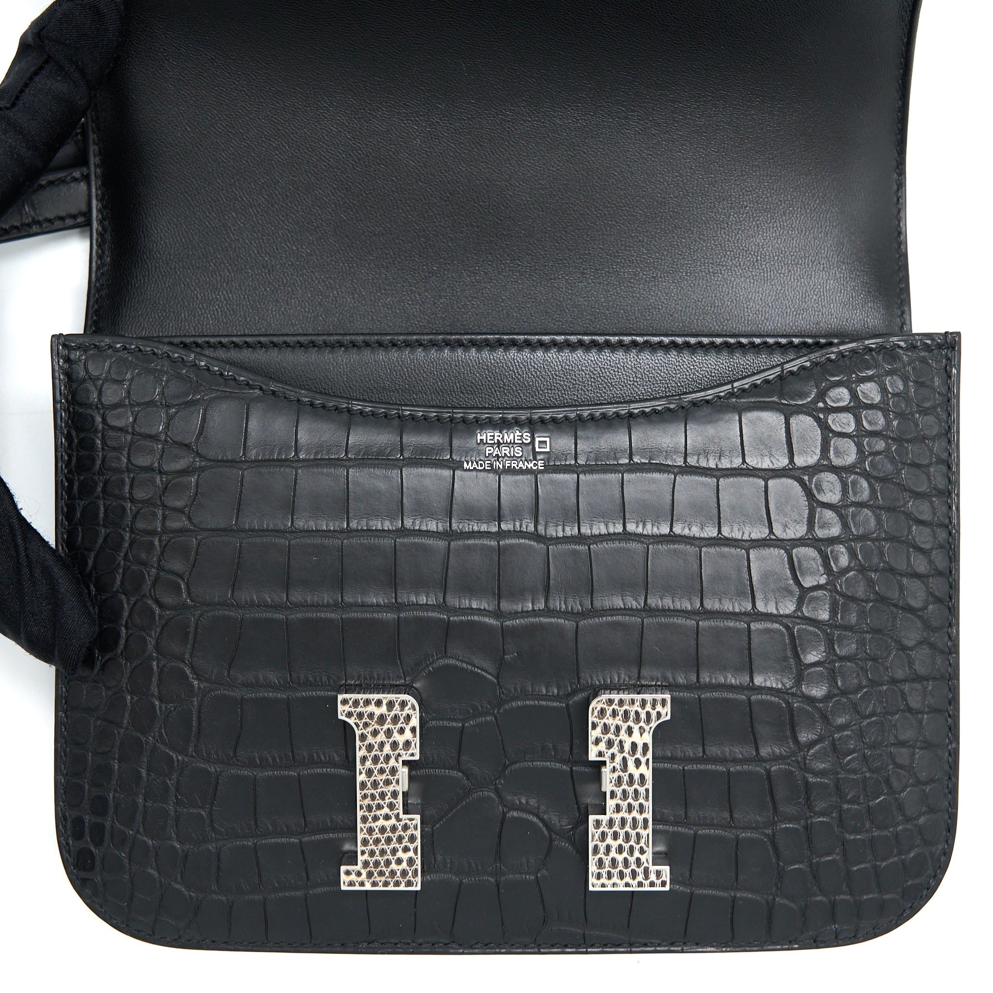 HERMES MINI CONSTANCE MAT ALLIGATOR MISSISSIPPIANS BLACK WITH LIZARD BUCKLE SHW