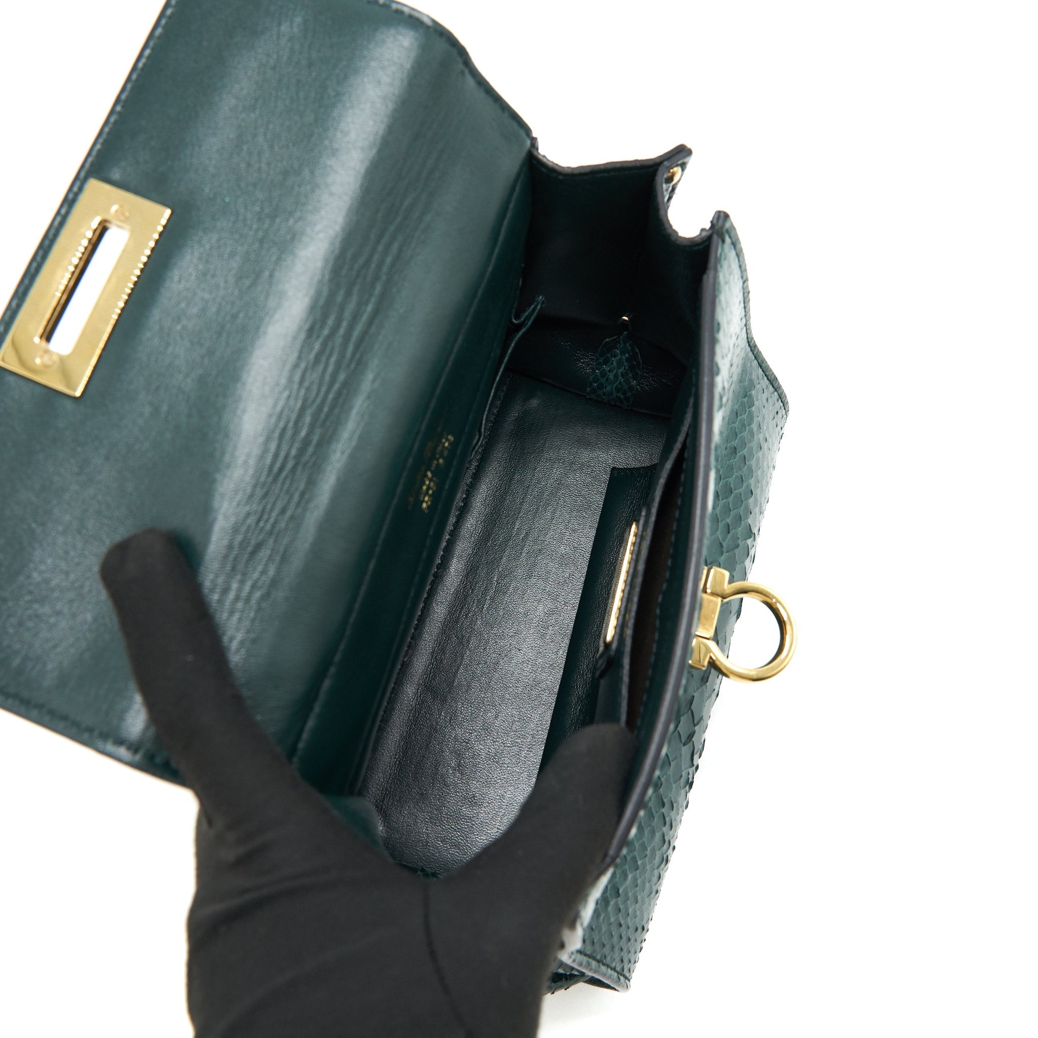 FERRAGAMO PYTHON LEATHER TOPHANDLE TOTE BAG DARK GREEN GHW