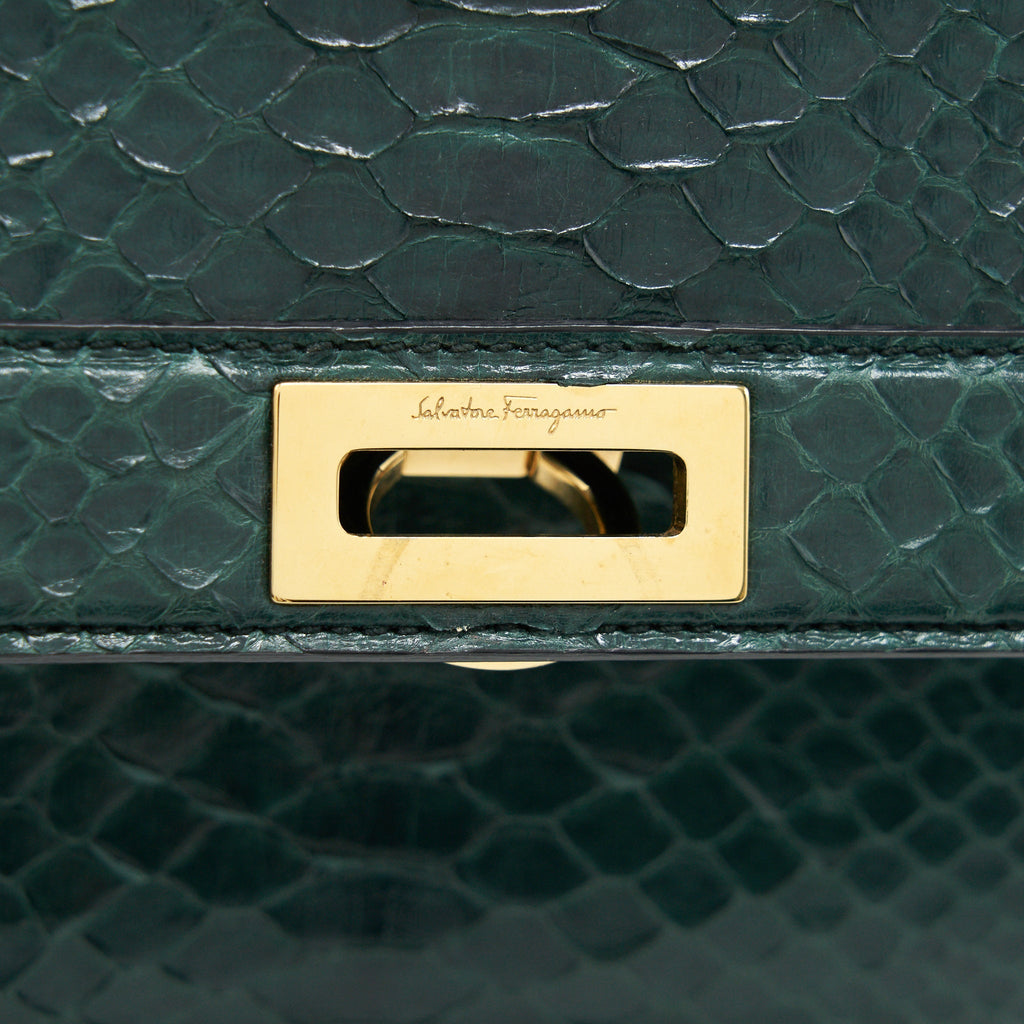 FERRAGAMO PYTHON LEATHER TOPHANDLE TOTE BAG DARK GREEN GHW
