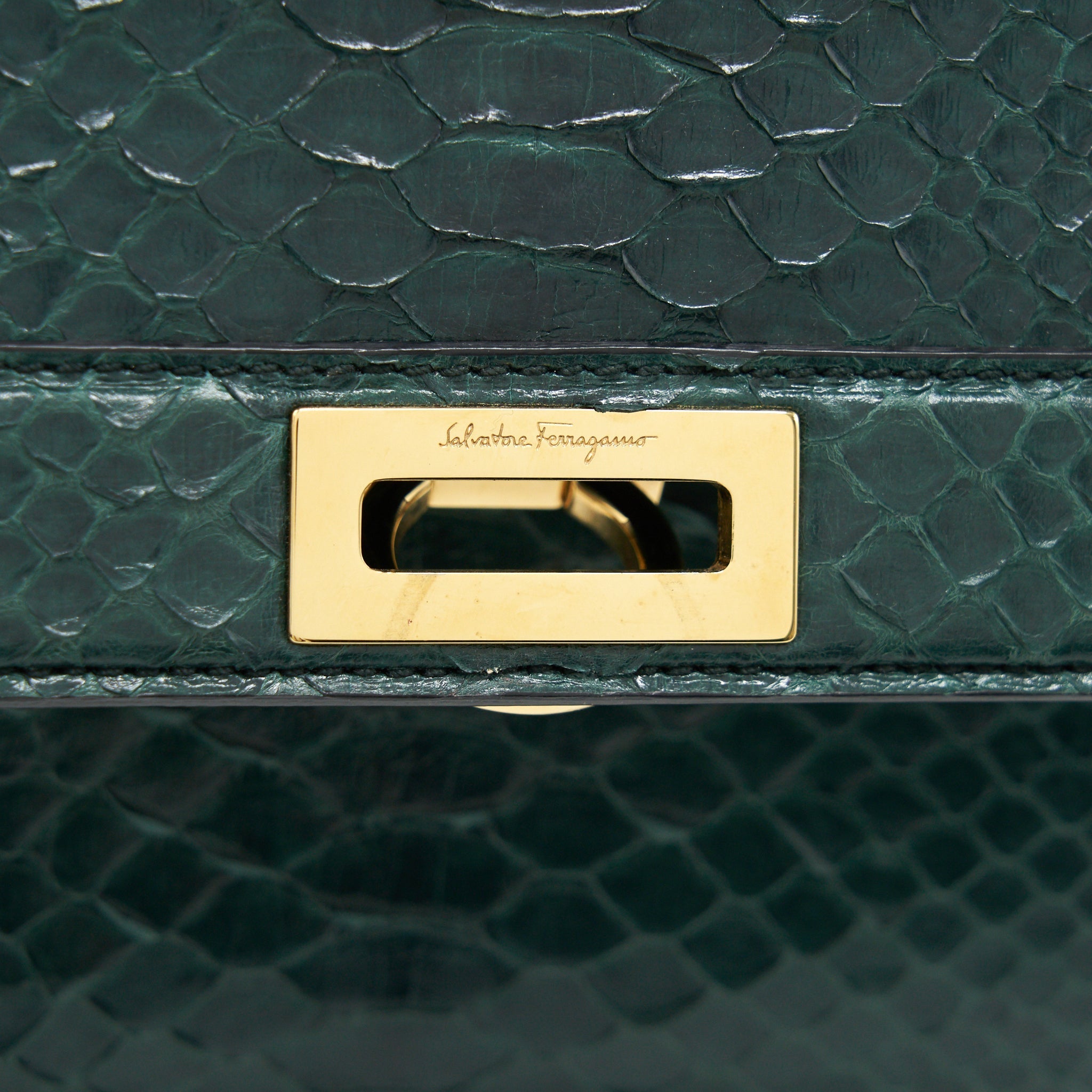 FERRAGAMO PYTHON LEATHER TOPHANDLE TOTE BAG DARK GREEN GHW