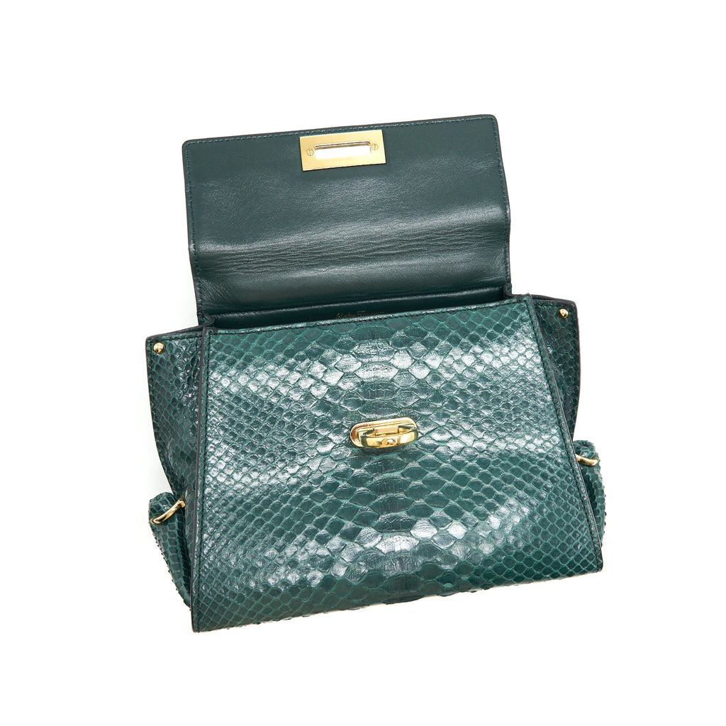 FERRAGAMO PYTHON LEATHER TOPHANDLE TOTE BAG DARK GREEN GHW