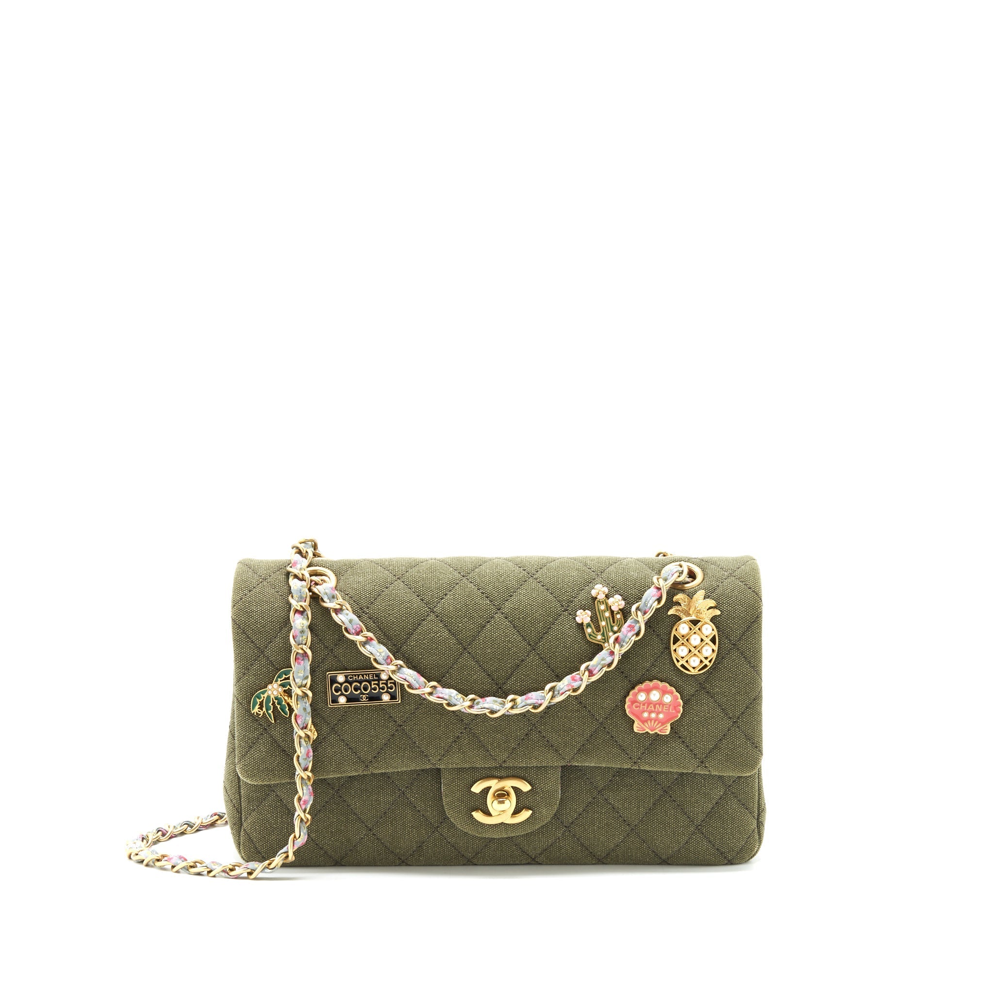 CHANEL CUBA CHARMS CLASSIC DOUBLE FLAP BAG CANVAS GREEN GHW
