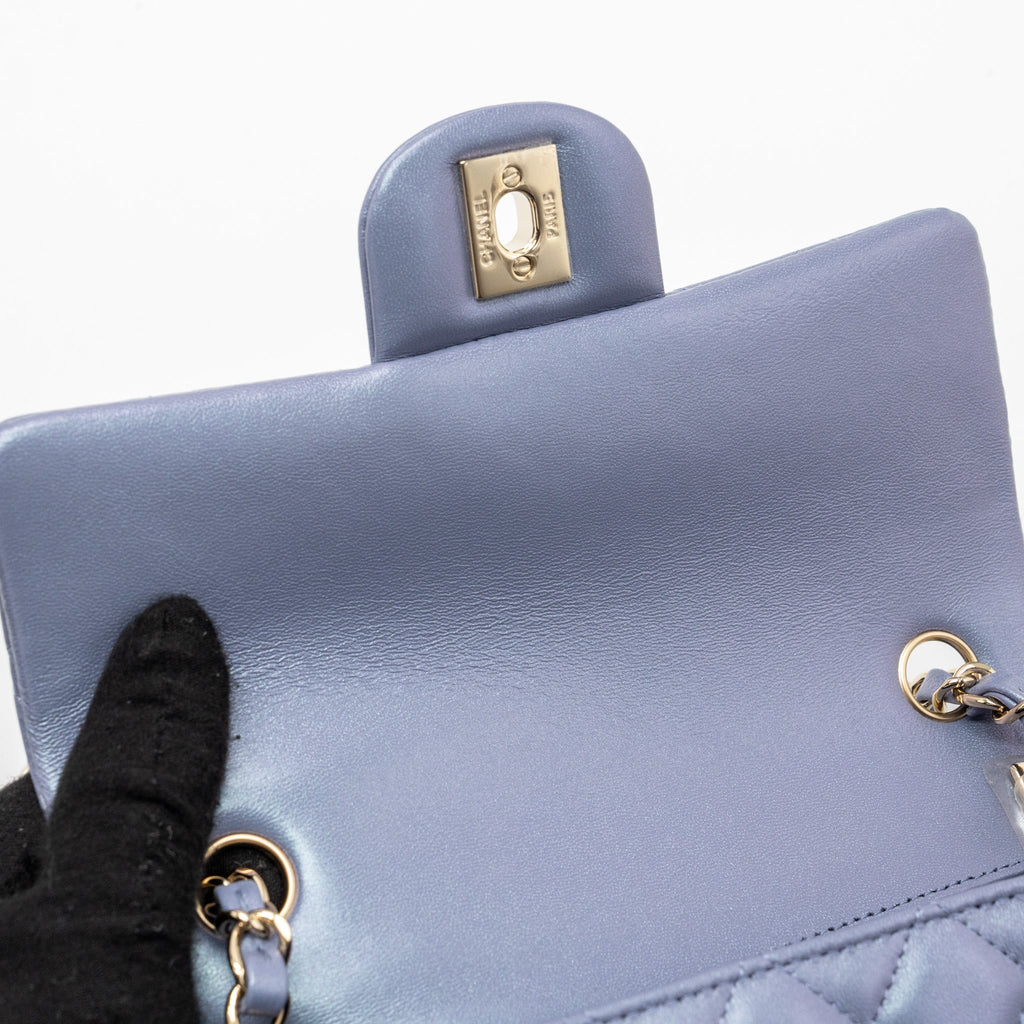 CHANEL CLASSIC MINI RECTANGULAR FLAP BAG LAMBSKIN IRIDESCENT LIGHT PURPLE LGHW (MICROCHIP)