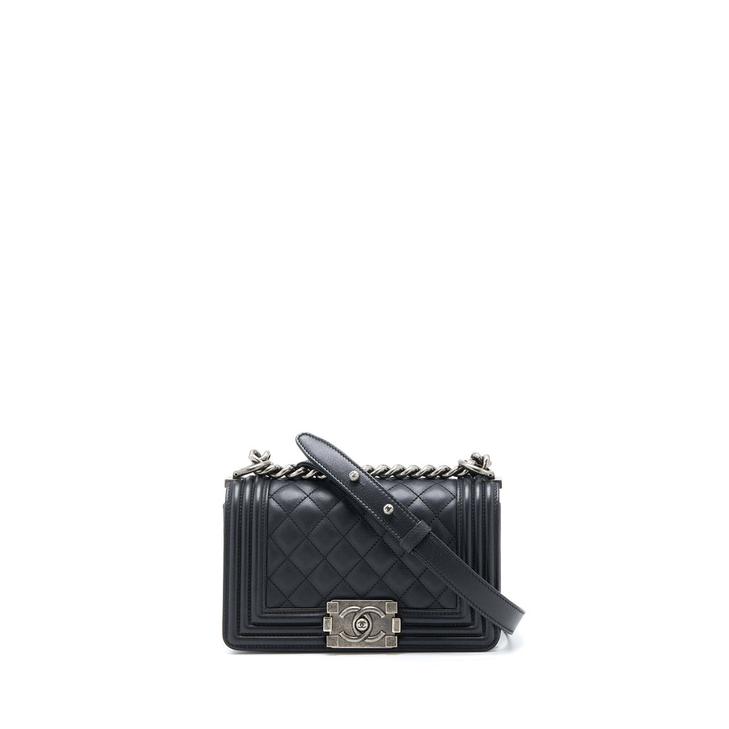 CHANEL SMALL BOY BAG CALFSKIN BLACK WITH RUTHENIUM HARDWARE