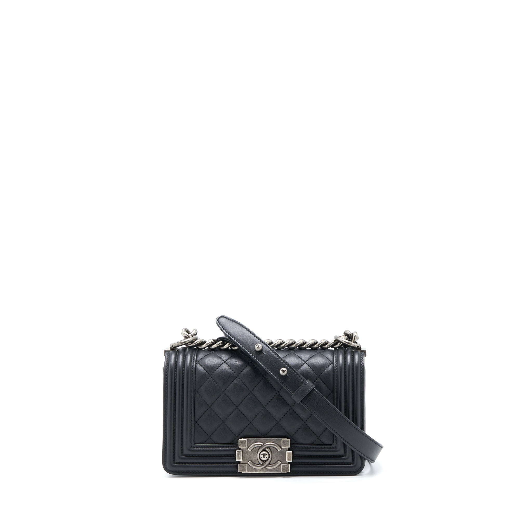 CHANEL SMALL BOY BAG CALFSKIN BLACK WITH RUTHENIUM HARDWARE