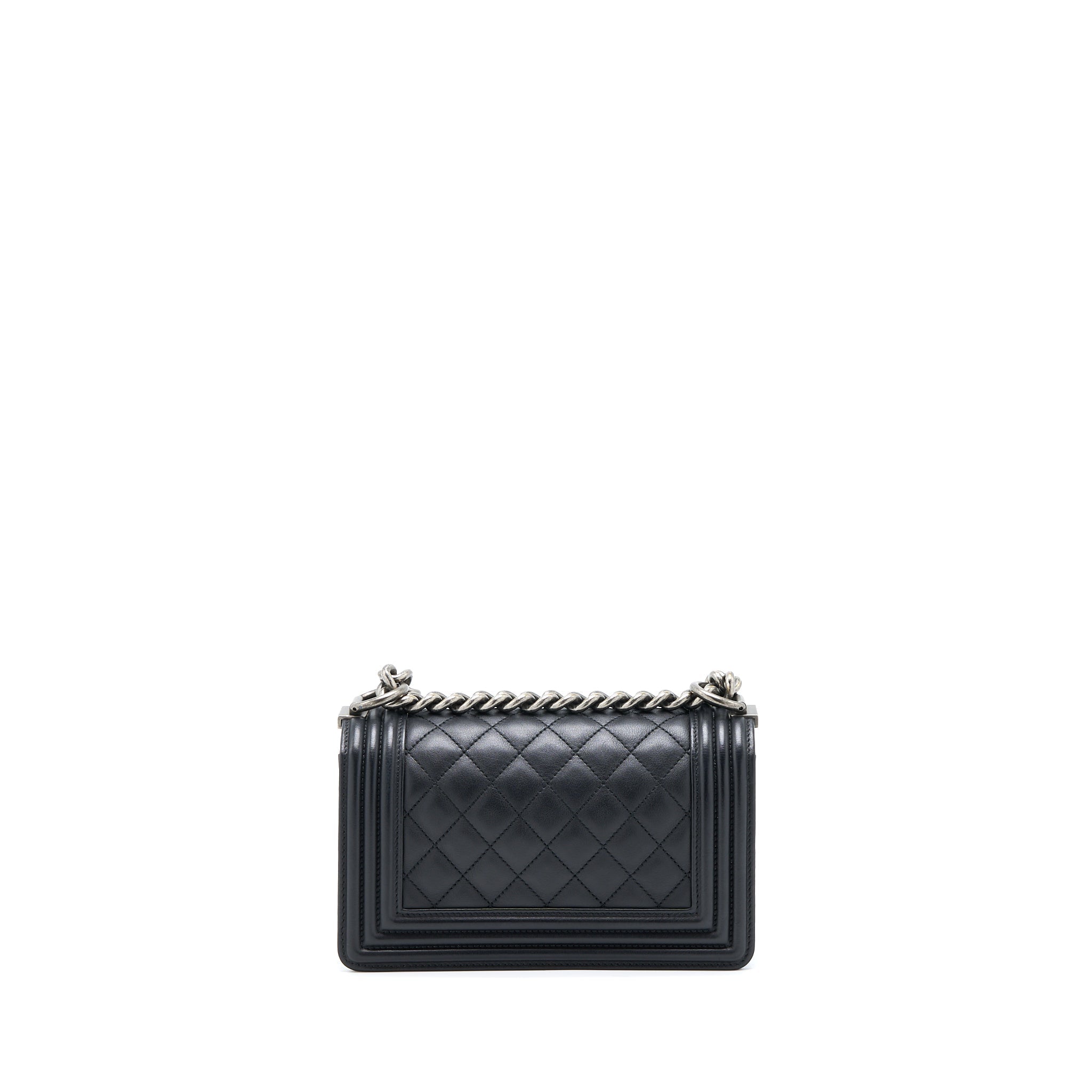 CHANEL SMALL BOY BAG CALFSKIN BLACK WITH RUTHENIUM HARDWARE