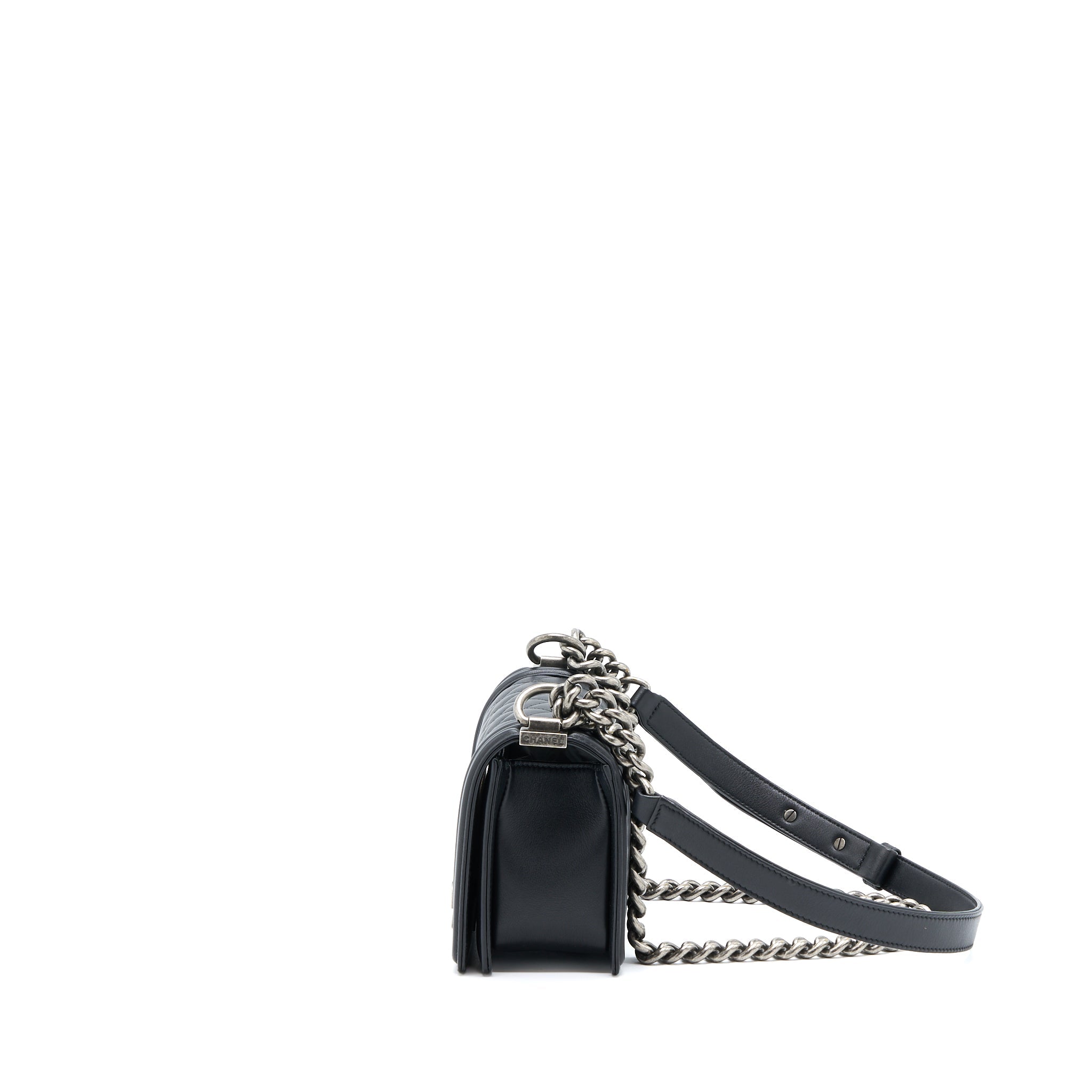 CHANEL SMALL BOY BAG CALFSKIN BLACK WITH RUTHENIUM HARDWARE