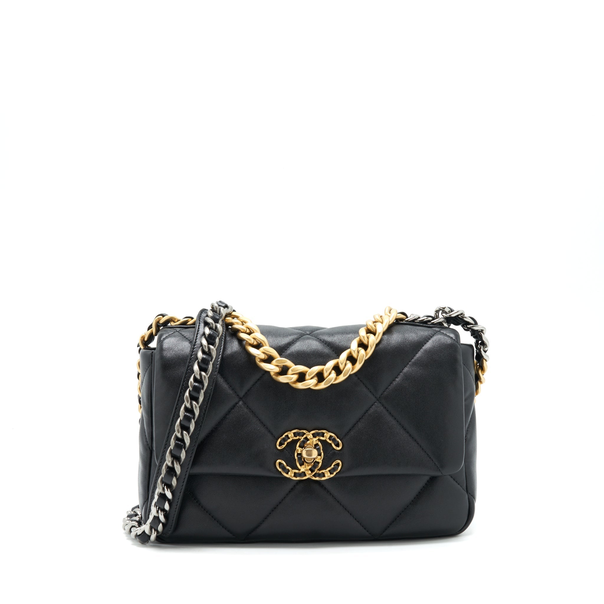 CHANEL 19 FLAP BAG SMALL LAMBSKIN BLACK GOLD/SLIVER HARDWARE