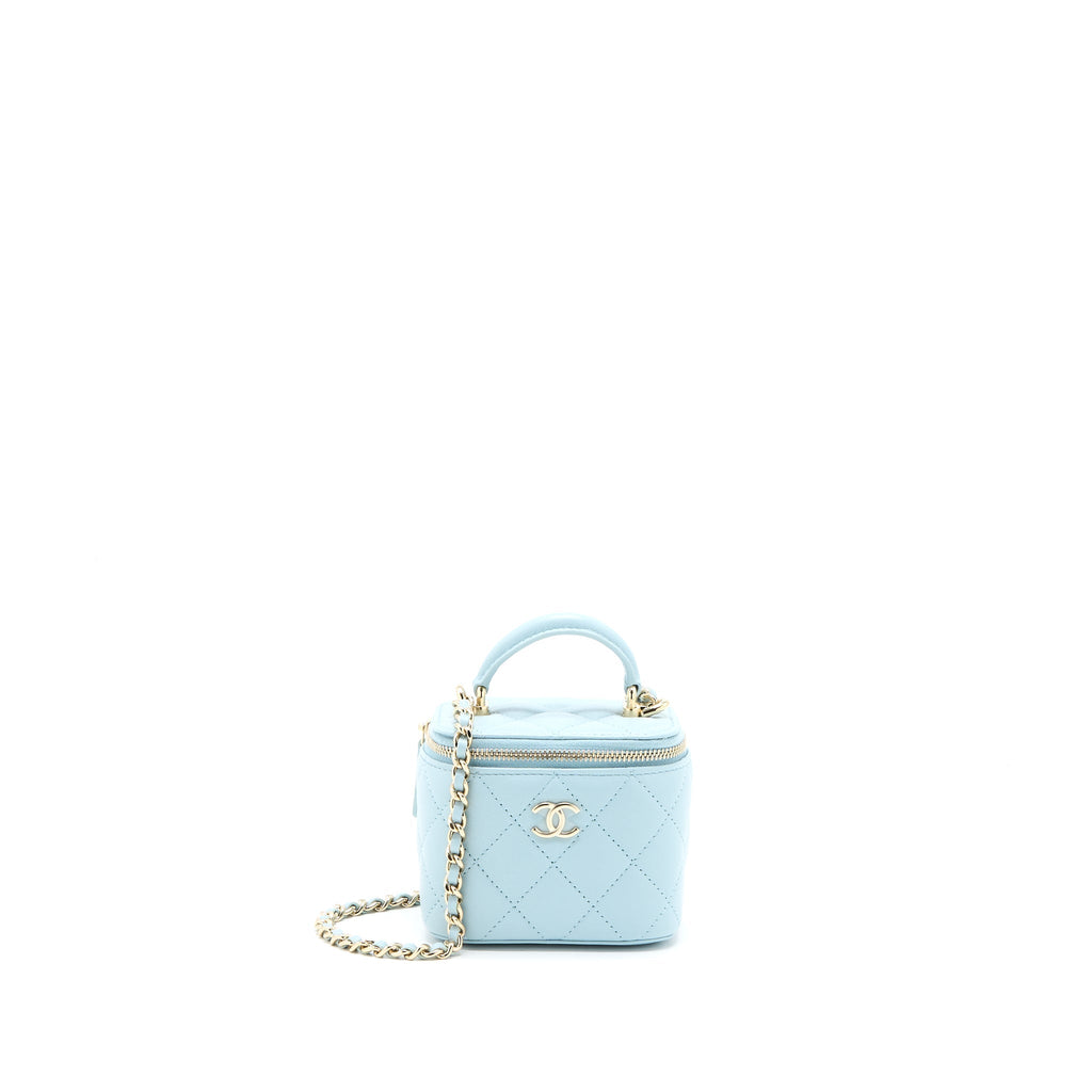 CHANEL 22P TOP HANDLE MINI VANITY WITH CHAIN LAMBSKIN LIGHT BLUE LGHW