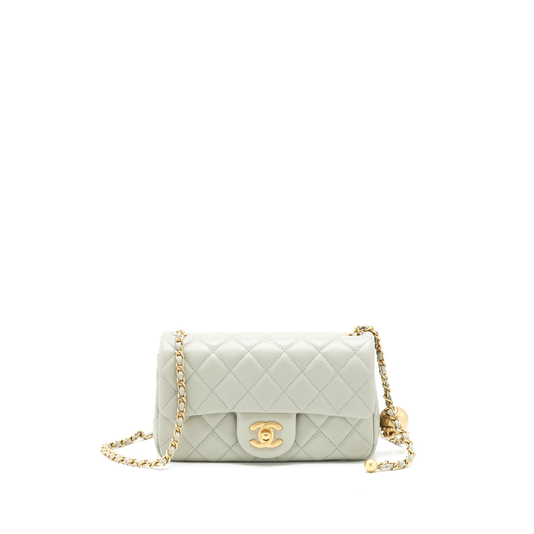 CHANEL 22C LIGHT PEARL CRUSH MINI FLAP BAG LAMBSKIN LIGHT GREY GHW (MICROCHIP)