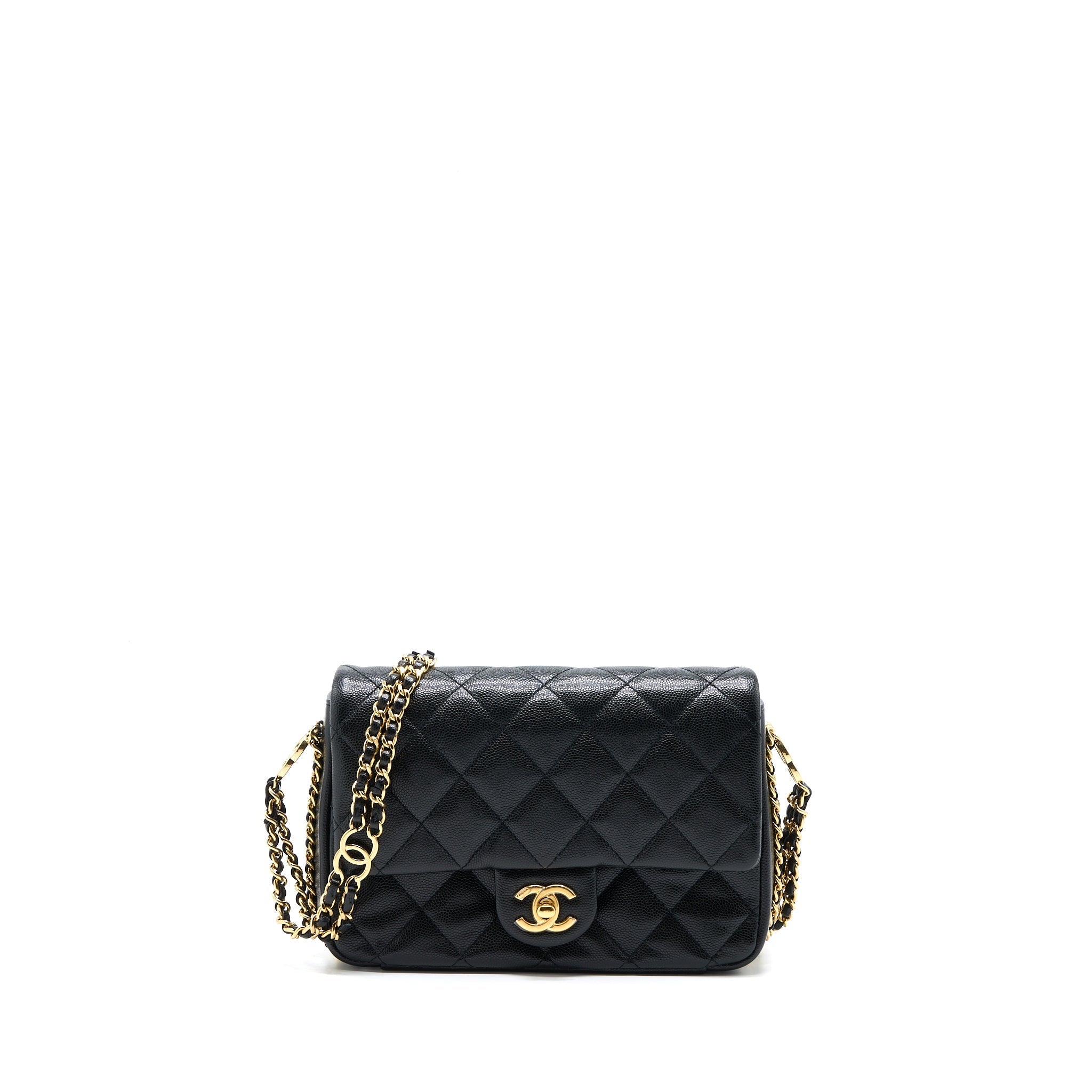 CHANEL 23C MINI FLAP BAG WITH CC LOGO CHAIN GRAINED CALFSKIN BLACK GHW (MICROCHIP)