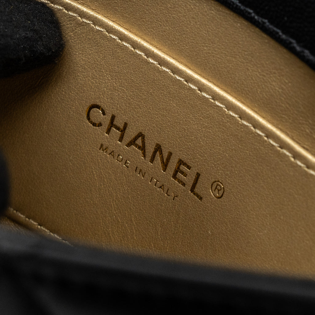 CHANEL LOGO CHAIN HANDLE FLAP BAG LAMBSKIN BLACK GHW(MICROCHIP)