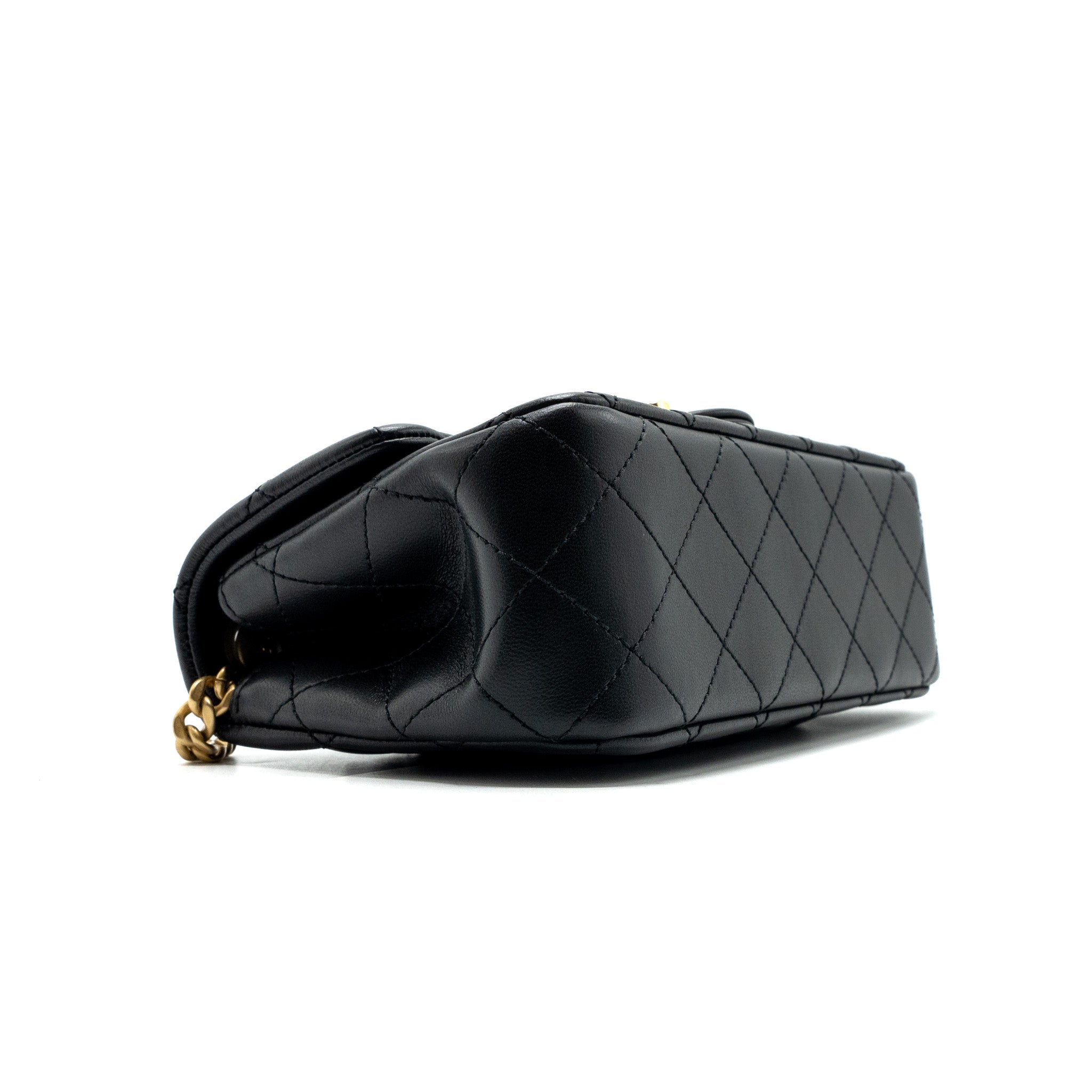 CHANEL 23S CAMELLIA ADJUSTABLE CHAIN MINI RECTANGULAR FLAP BAG LAMBSKIN BLACK GHW (MICROCHIP)