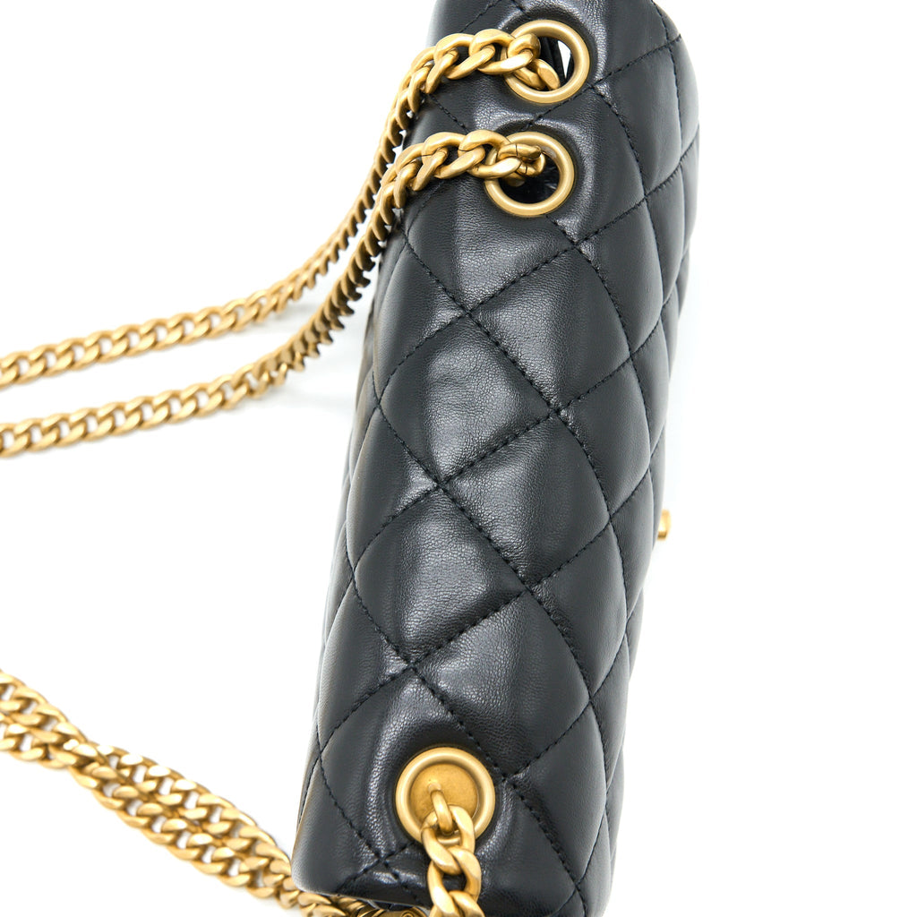 CHANEL 22K GOLD PILLAR ADJUSTABLE CHAIN FLAP BAG LAMBSKIN BLACK BRUSHED GHW (MICROCHIP)